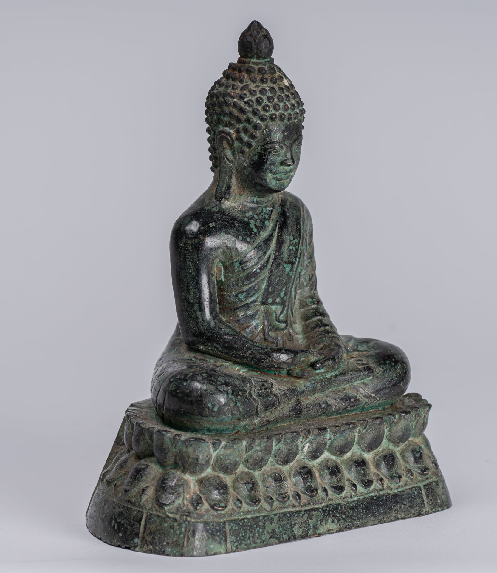 Buddha - Antique Khmer Style Bronze Enthroned Meditation Buddha Statue - 19cm/6"