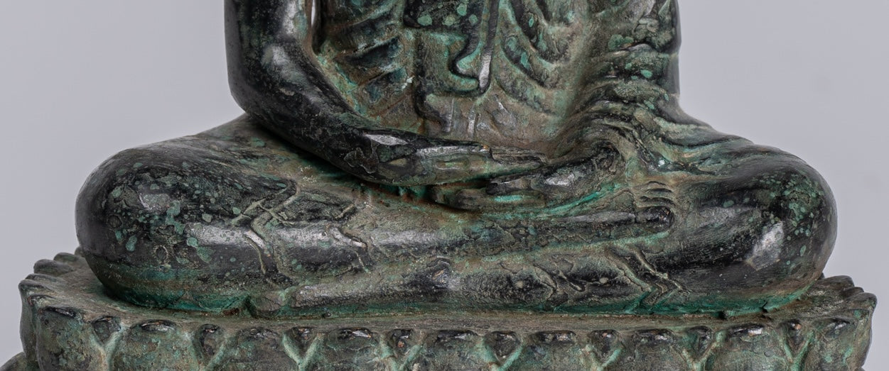 Buddha - Antique Khmer Style Bronze Enthroned Meditation Buddha Statue - 19cm/6"