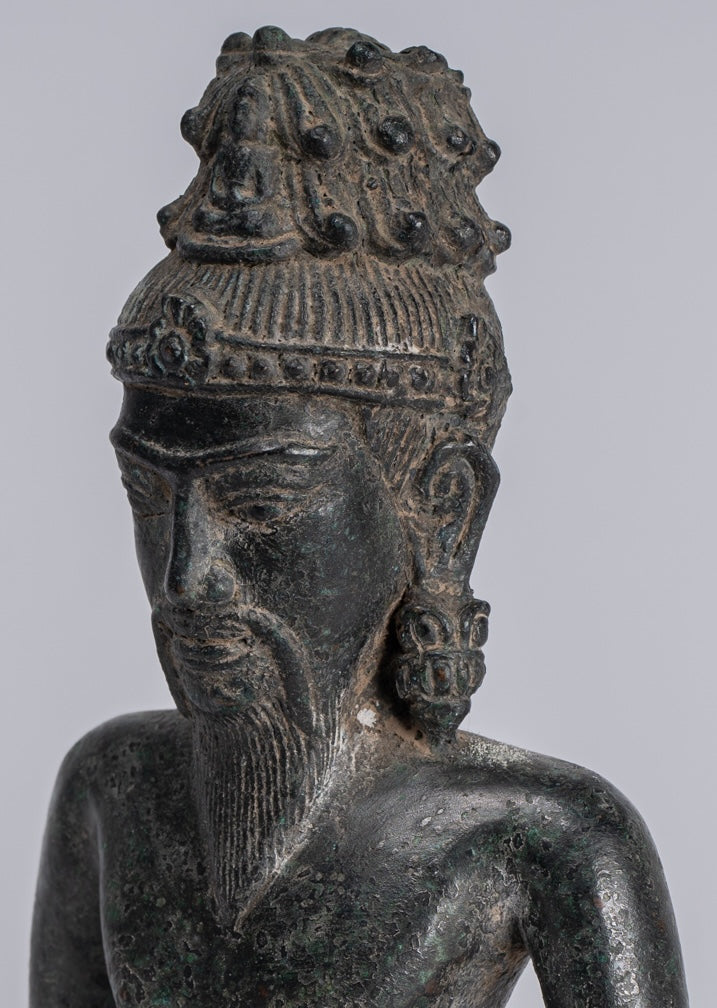 Rishi Statue - Antique Khmer Style Seated Bronze Rishi or Wise Man - 17cm/7"