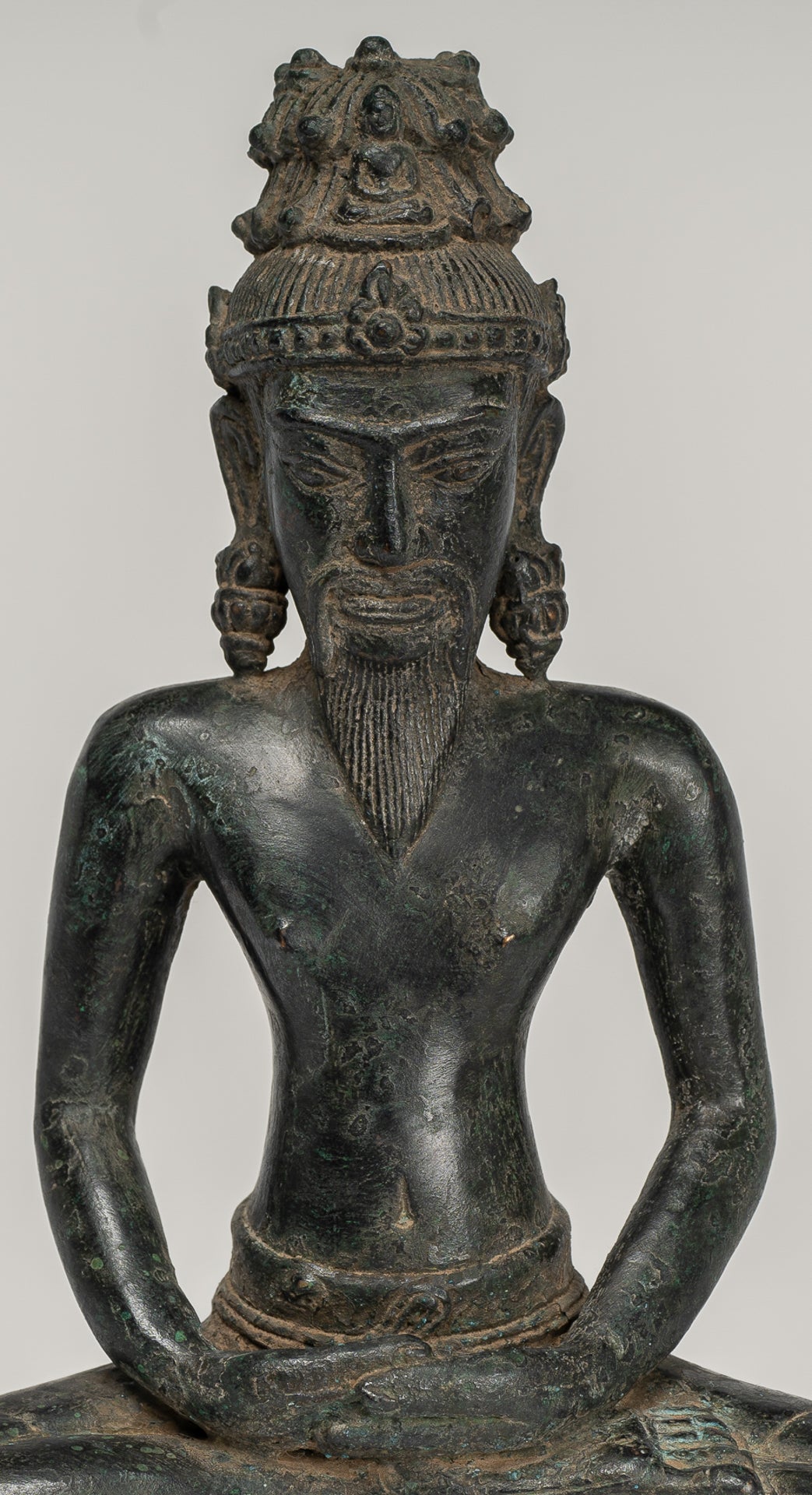 Rishi Statue - Antique Khmer Style Seated Bronze Rishi or Wise Man - 17cm/7"