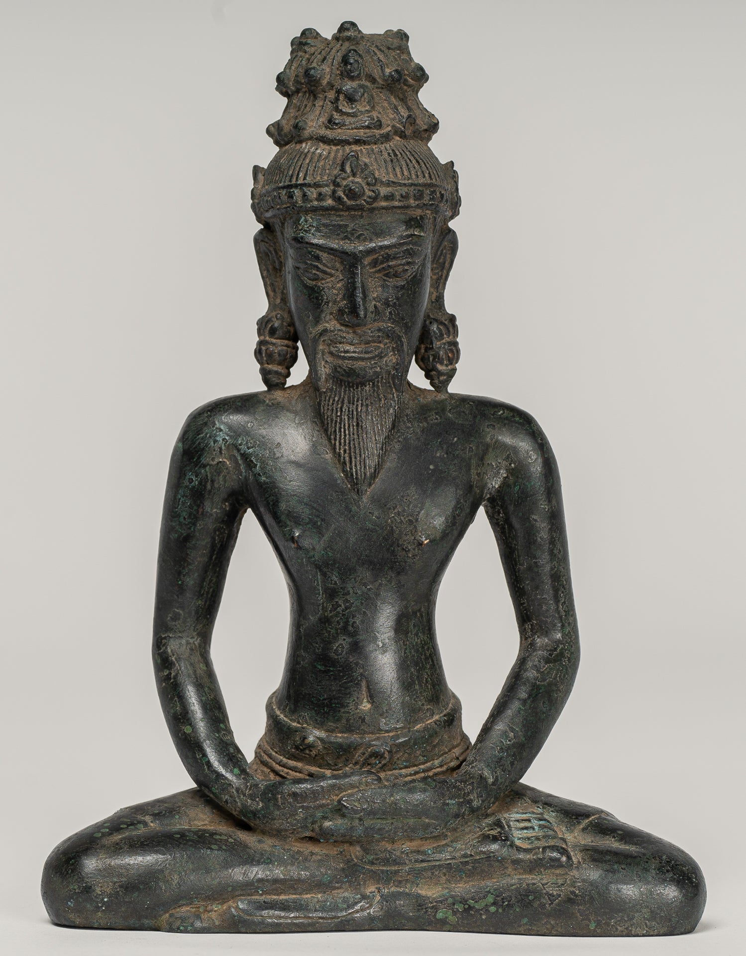 Rishi Statue - Antique Khmer Style Seated Bronze Rishi or Wise Man - 17cm/7"