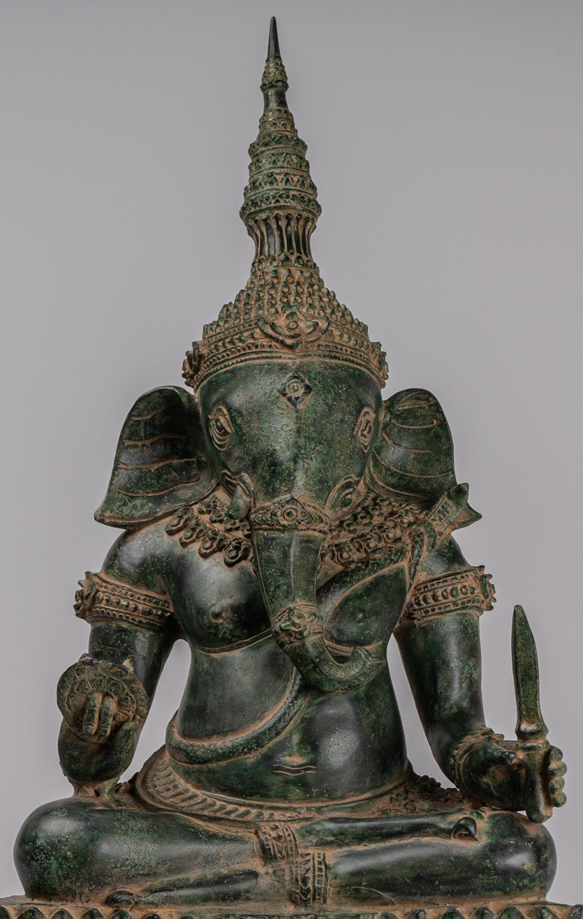 Ganesha Statue - Antique Khmer Style Bronze Seated Ganesh Statue - 60cm/24"