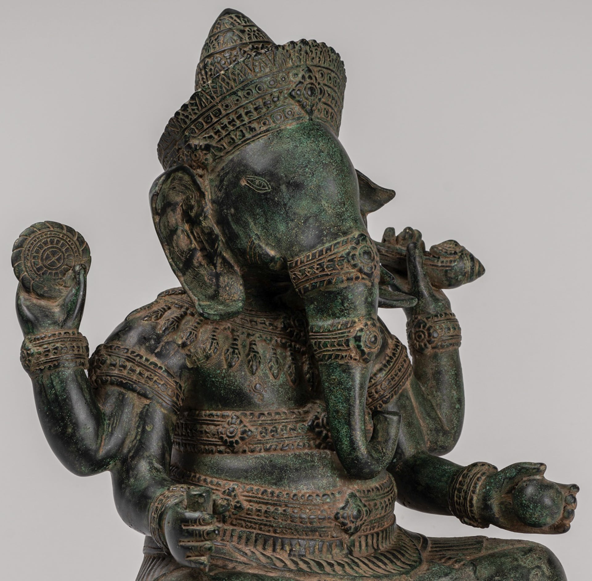Ganesha Statue - Antique Khmer Style Angkor Wat Bronze Seated Four Arm Ganesh Statue - 38cm/15"