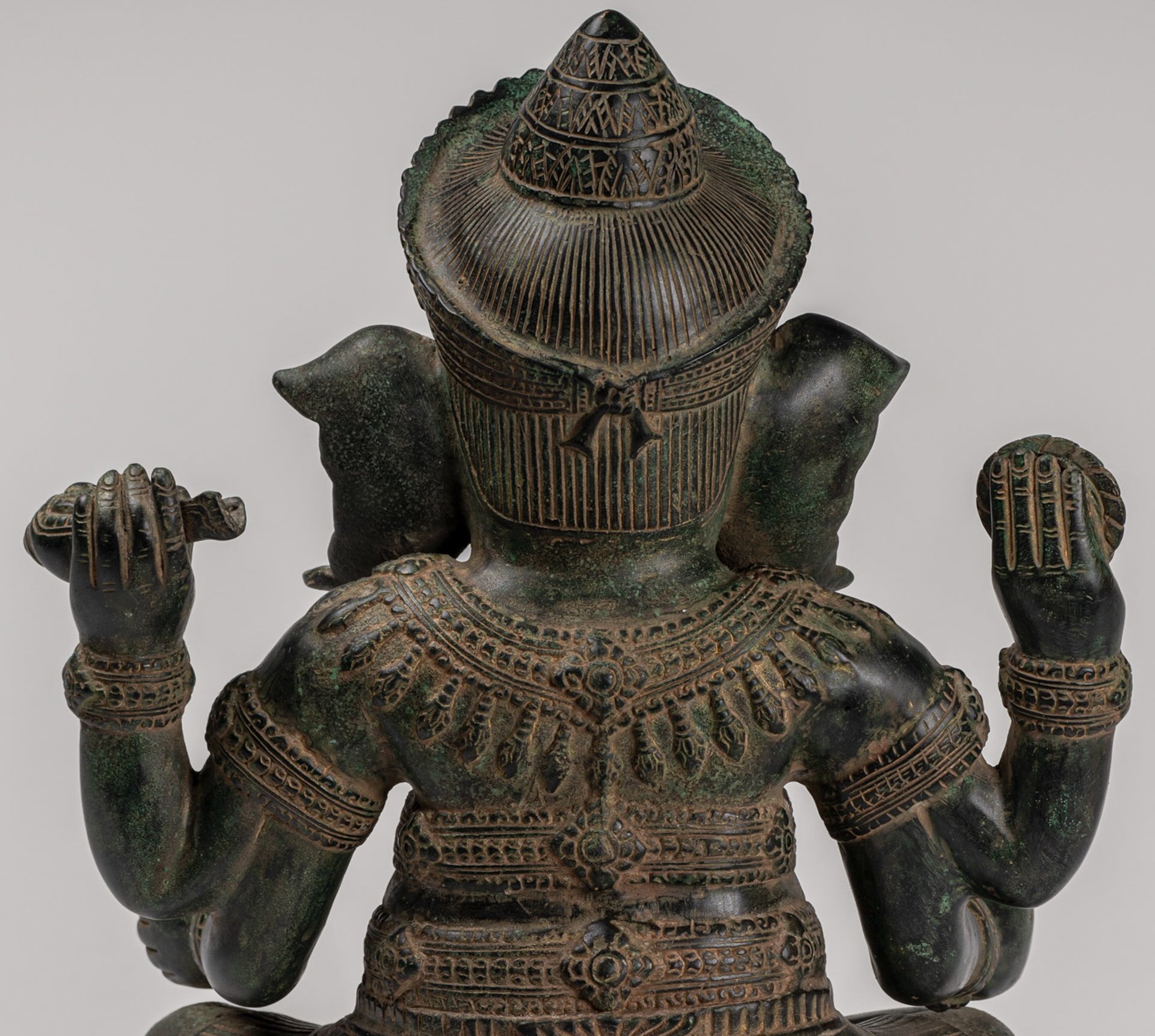 Ganesha Statue - Antique Khmer Style Angkor Wat Bronze Seated Four Arm Ganesh Statue - 38cm/15"