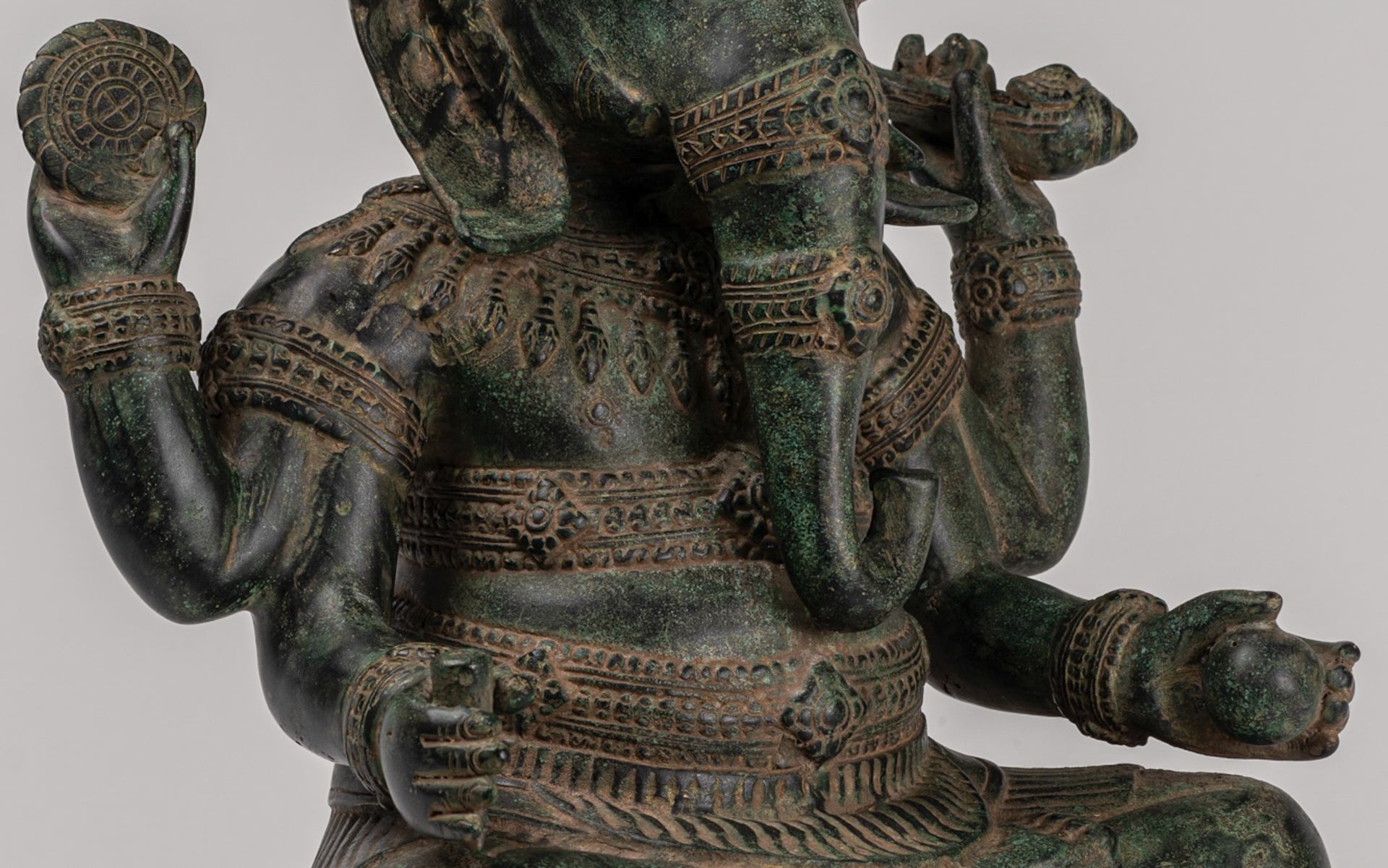 Ganesha Statue - Antique Khmer Style Angkor Wat Bronze Seated Four Arm Ganesh Statue - 38cm/15"