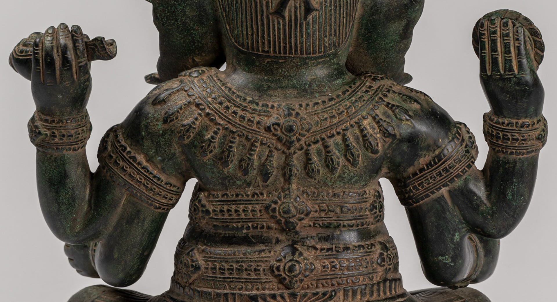 Ganesha Statue - Antique Khmer Style Angkor Wat Bronze Seated Four Arm Ganesh Statue - 38cm/15"