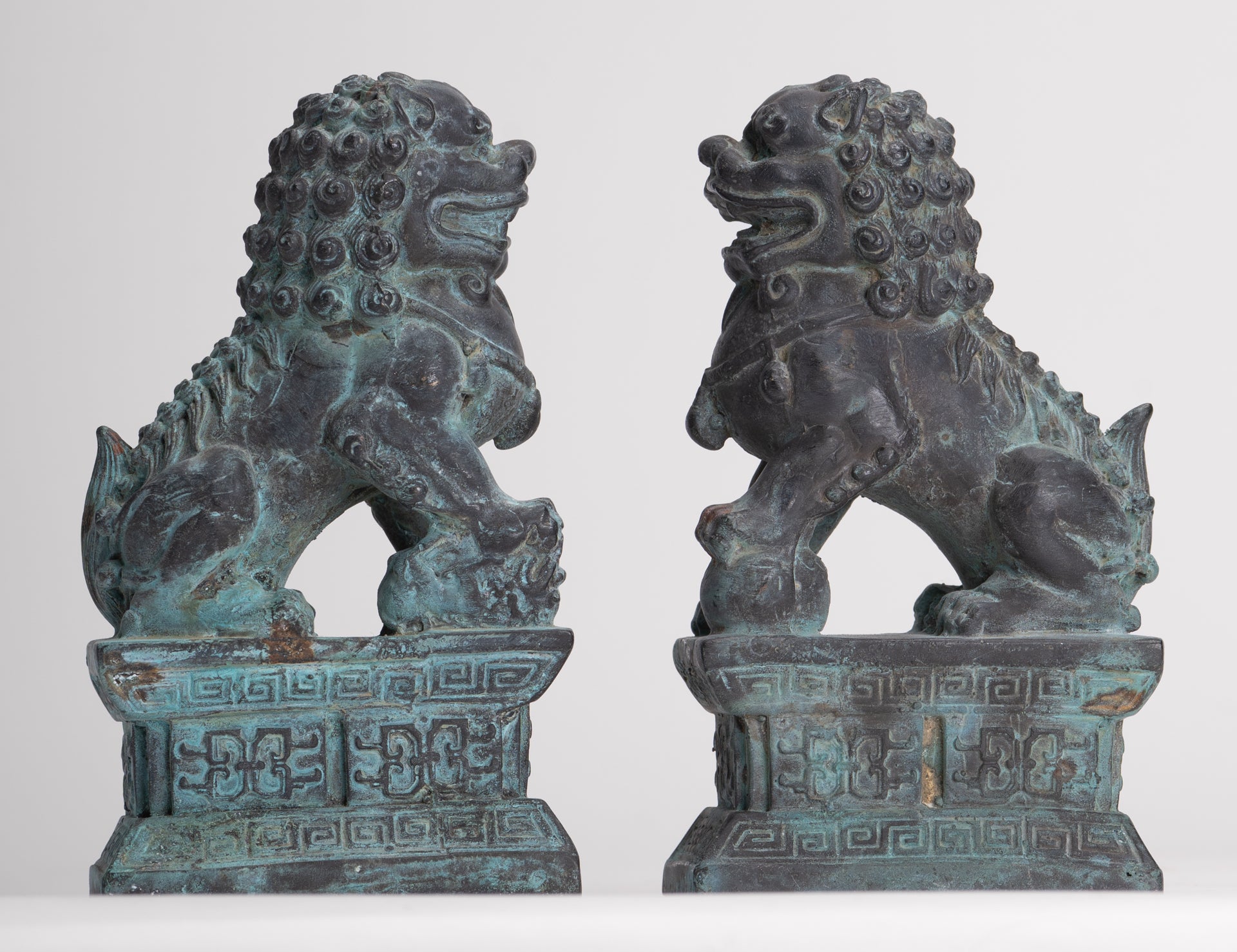 Antique Chinese Style Bronze Temple Guardian Lions Shishi Lions Foo Dogs Imperial Lions (Pair) - 16.5cm/7"