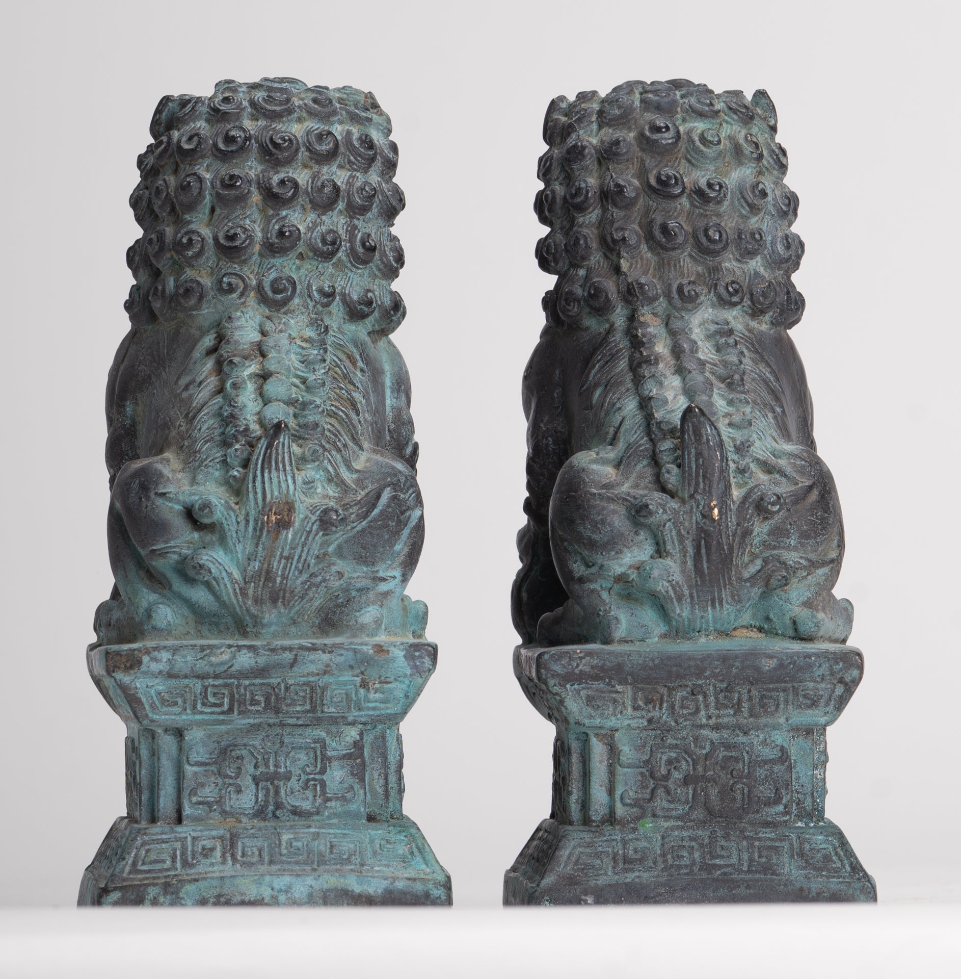Antique Chinese Style Bronze Temple Guardian Lions Shishi Lions Foo Dogs Imperial Lions (Pair) - 16.5cm/7"