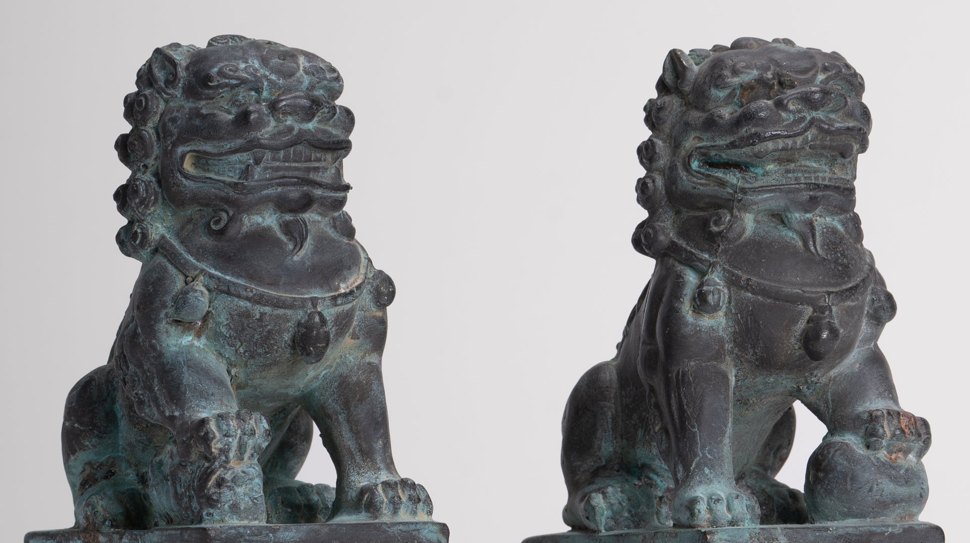 Antique Chinese Style Bronze Temple Guardian Lions Shishi Lions Foo Dogs Imperial Lions (Pair) - 16.5cm/7"