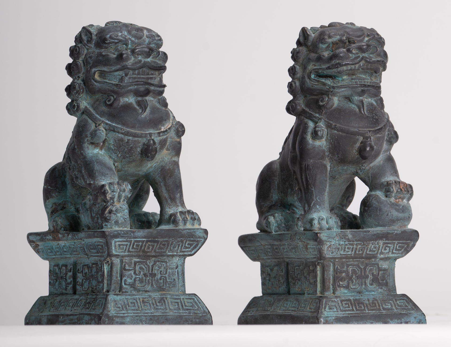 Antique Chinese Style Bronze Temple Guardian Lions Shishi Lions Foo Dogs Imperial Lions (Pair) - 16.5cm/7"