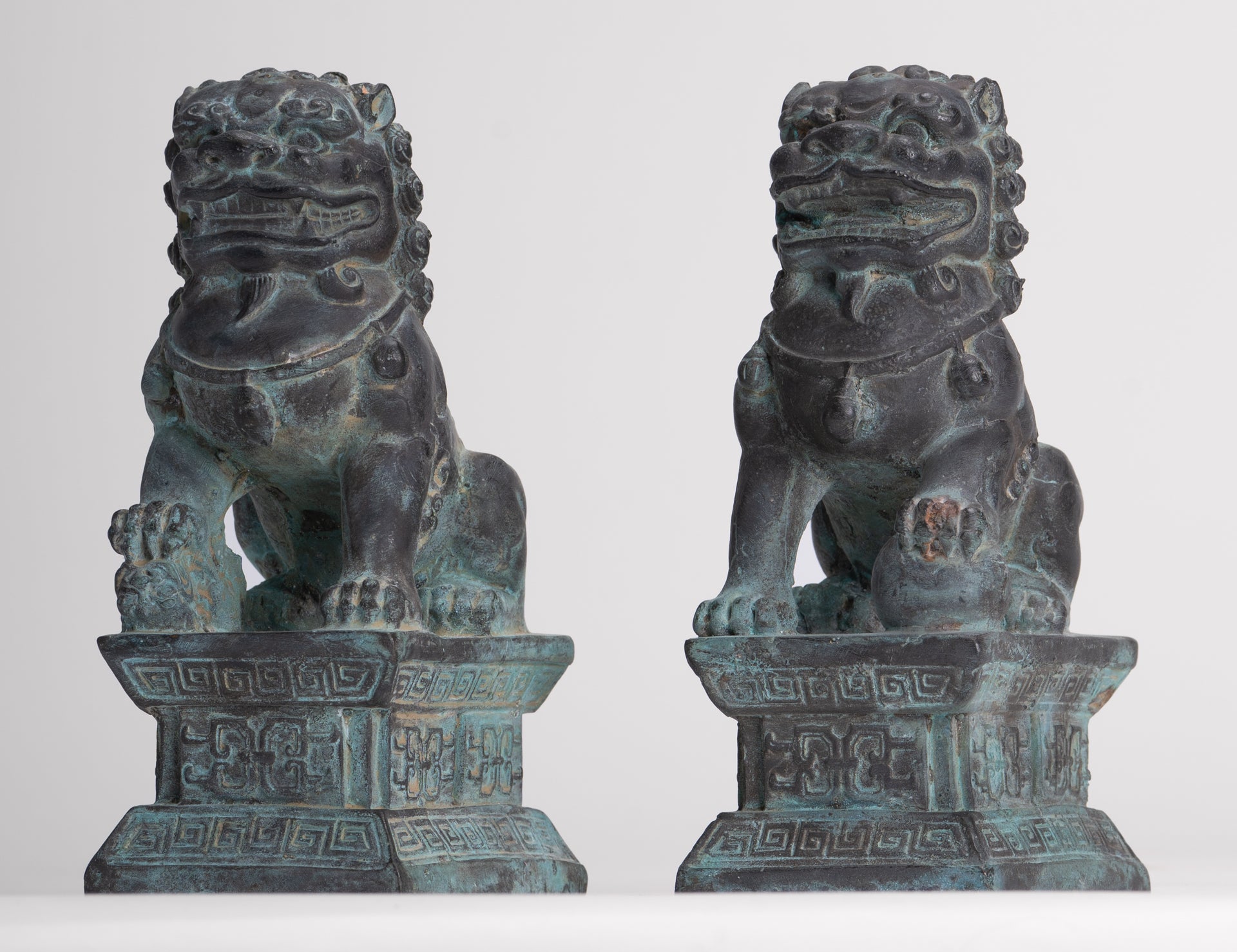 Antique Chinese Style Bronze Temple Guardian Lions Shishi Lions Foo Dogs Imperial Lions (Pair) - 16.5cm/7"