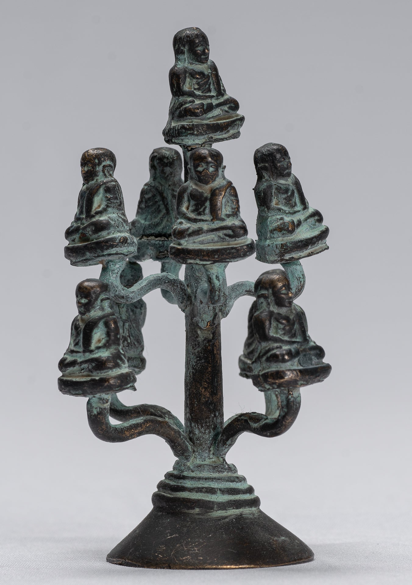 Buddha Sculpture - Antique Thai Style Bronze Happy, Fat, Laughing Buddha Budai Statues - 13cm/5"