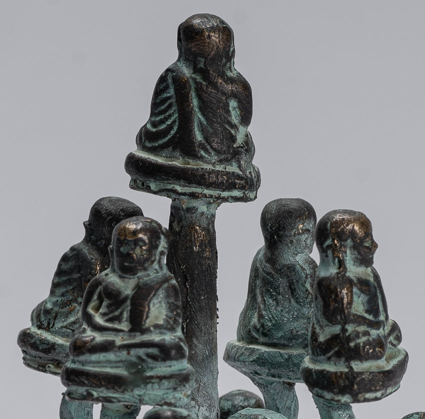 Buddha Sculpture - Antique Thai Style Bronze Happy, Fat, Laughing Buddha Budai Statues - 13cm/5"