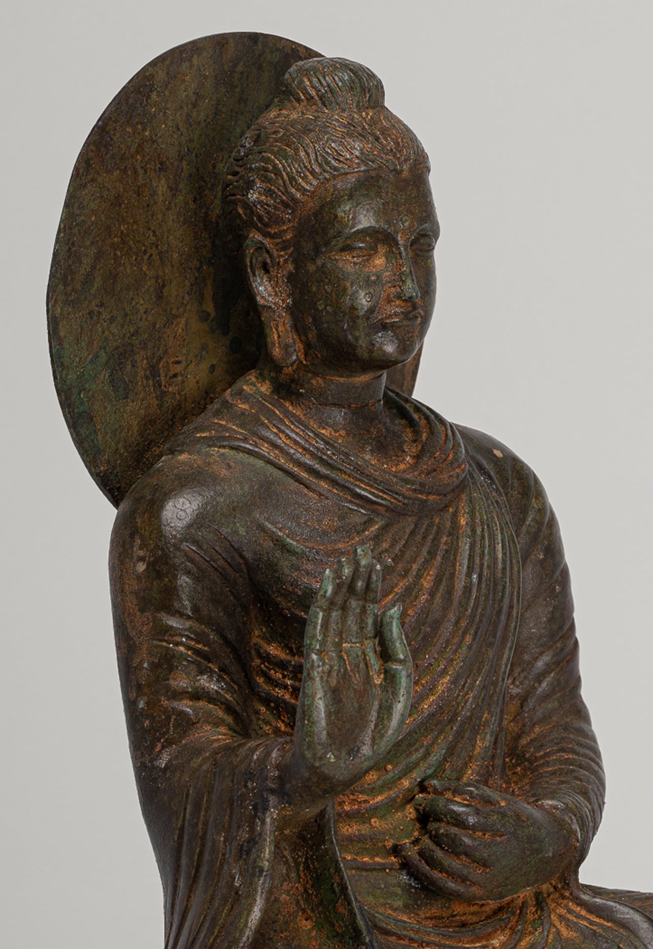 Indian Buddha Statue - Antique Gandhara Style Bronze Protection Buddha Statue - 35cm/14"