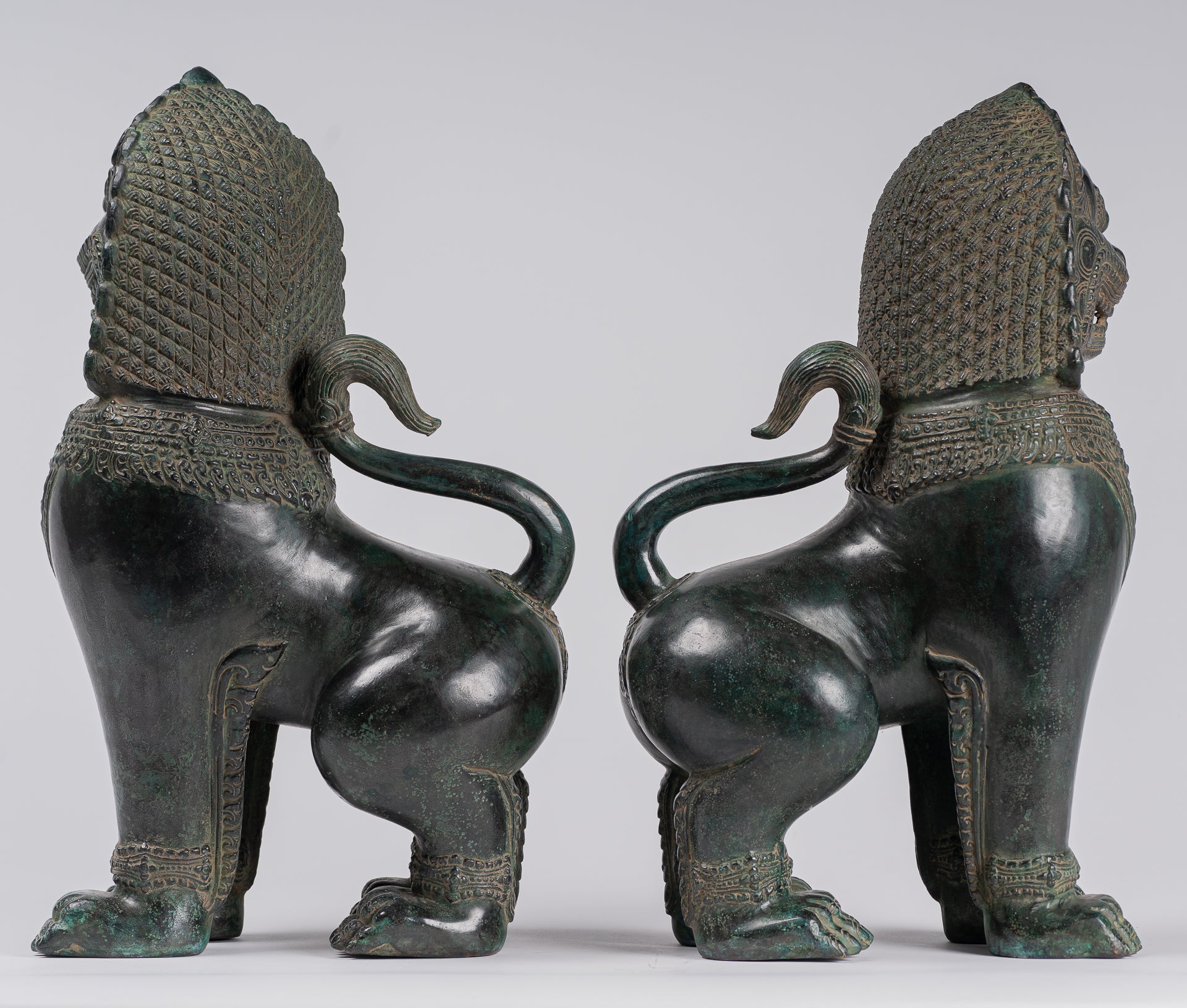 Temple Lions - Antique Khmer Style Bronze Standing Temple Guardians or Lions - 38cm/15"