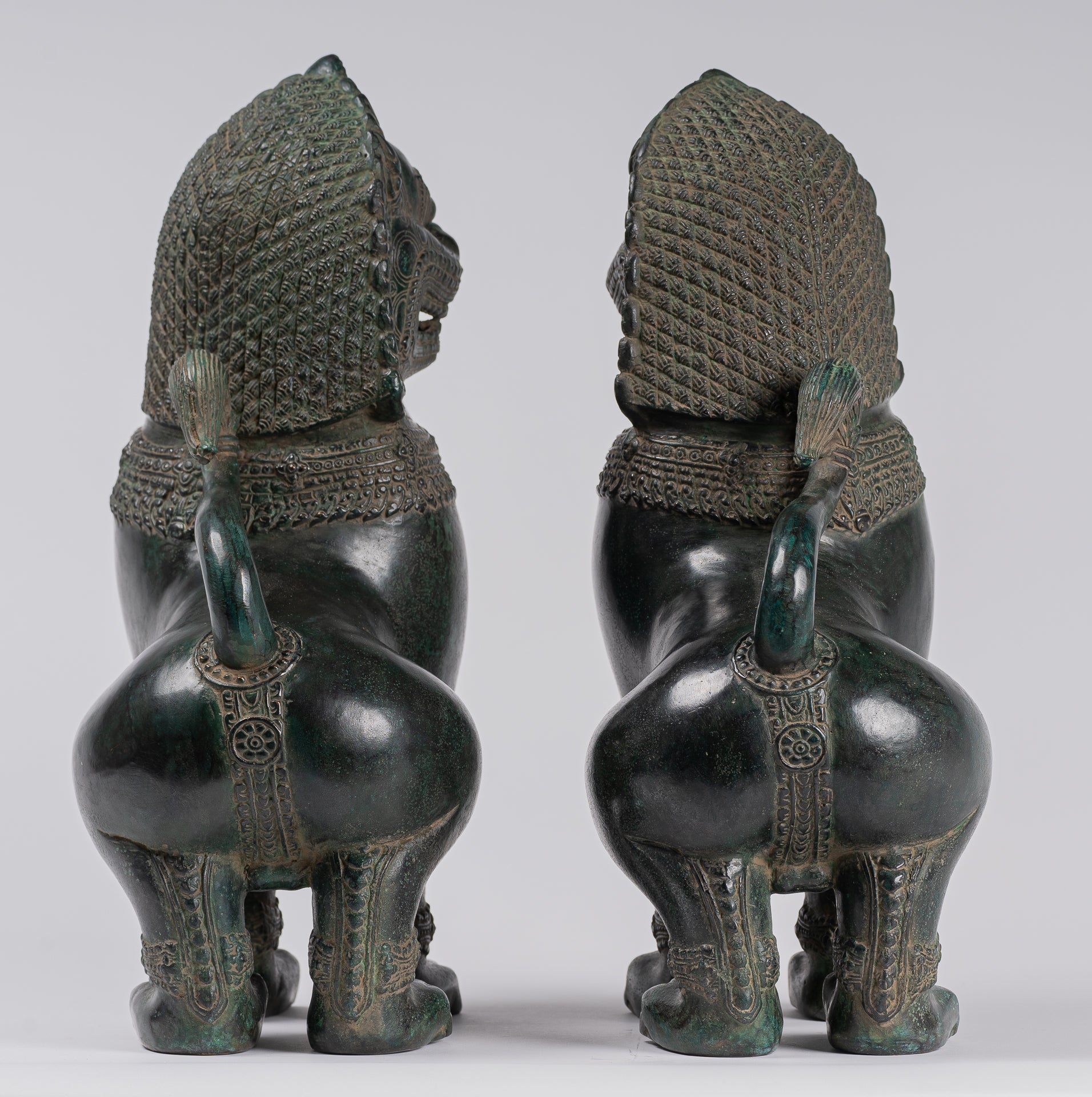 Temple Lions - Antique Khmer Style Bronze Standing Temple Guardians or Lions - 38cm/15"