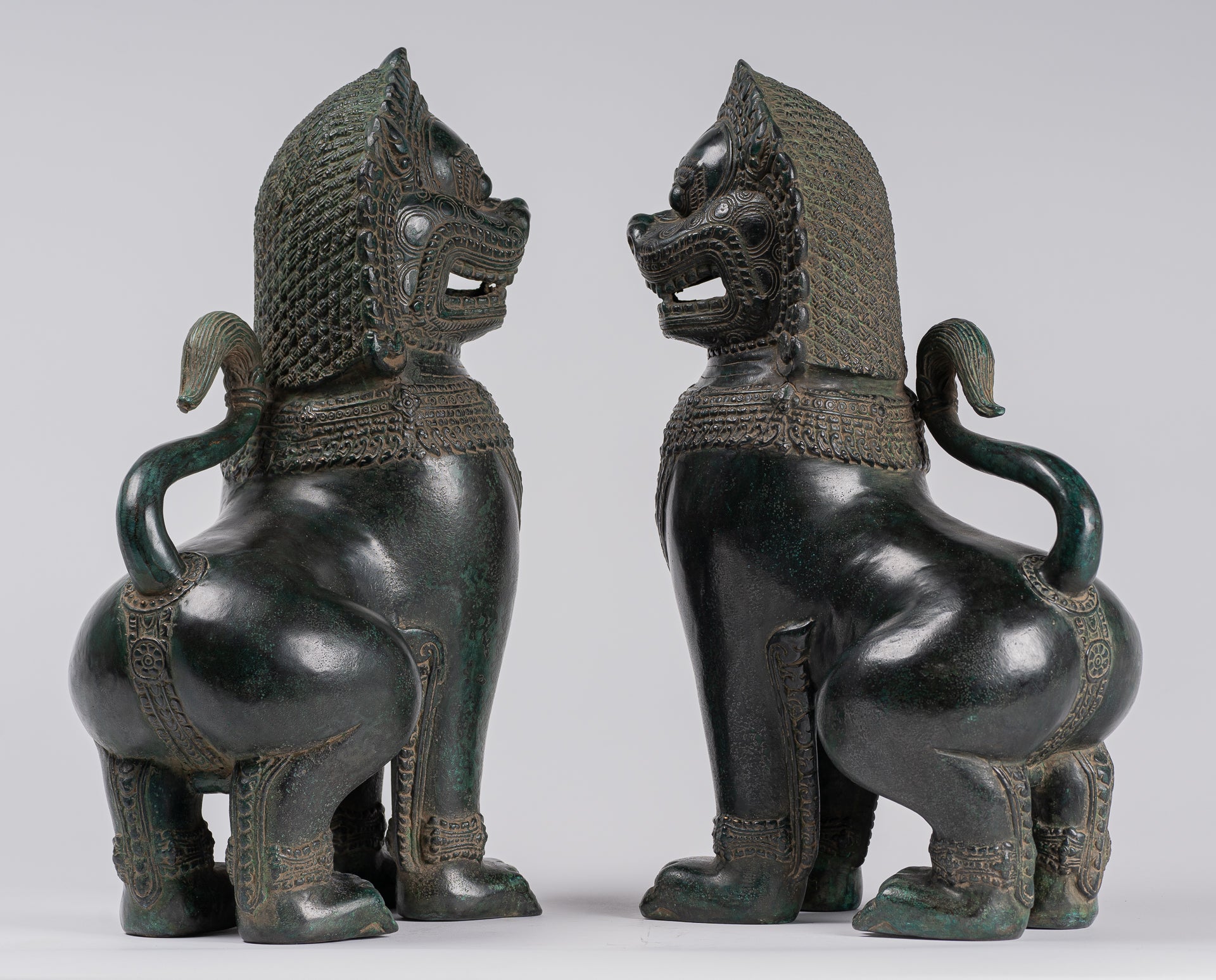 Temple Lions - Antique Khmer Style Bronze Standing Temple Guardians or Lions - 38cm/15"