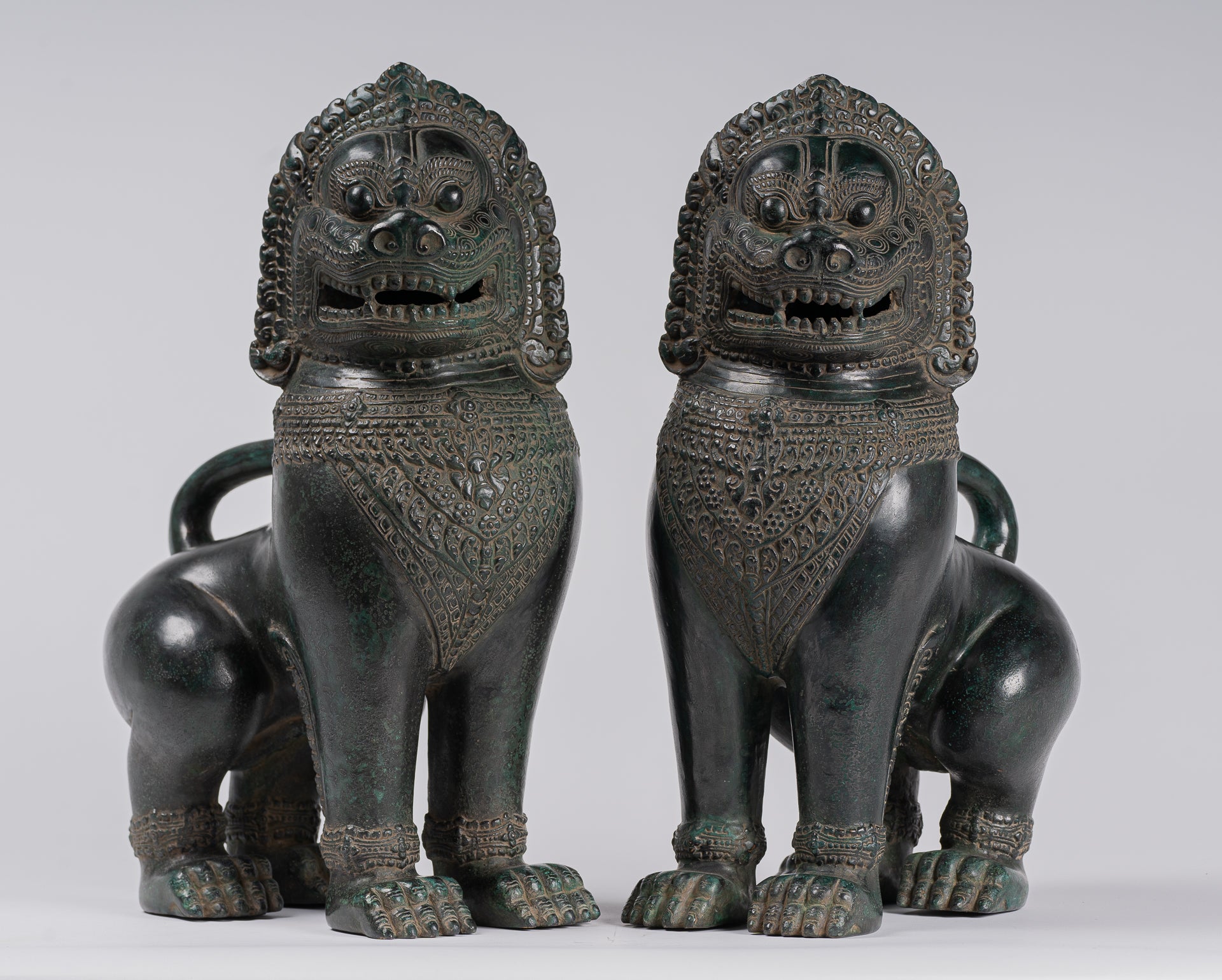 Temple Lions - Antique Khmer Style Bronze Standing Temple Guardians or Lions - 38cm/15"