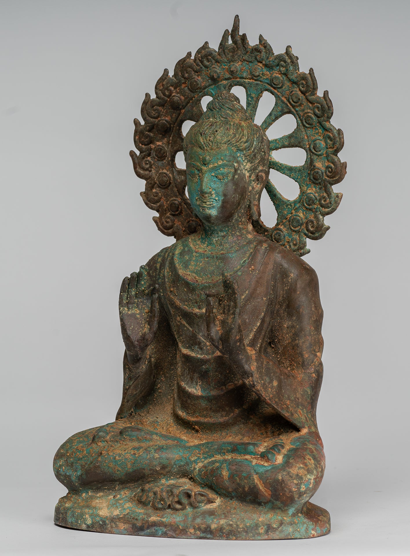 Indian Buddha Statue - Antique Gandhara Style Bronze Protection Buddha Statue - 29cm/12"
