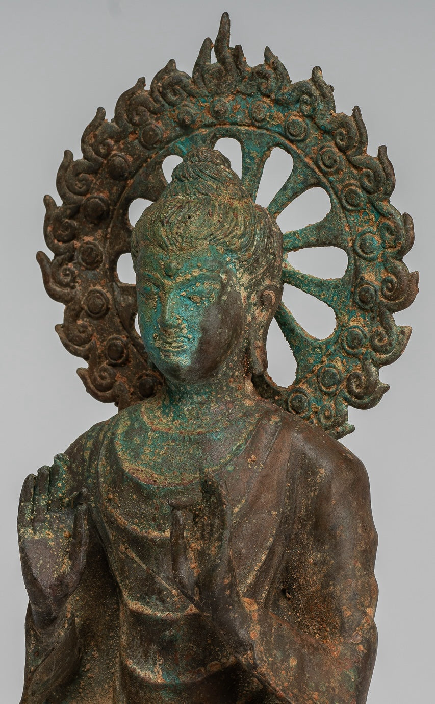 Indian Buddha Statue - Antique Gandhara Style Bronze Protection Buddha Statue - 29cm/12"