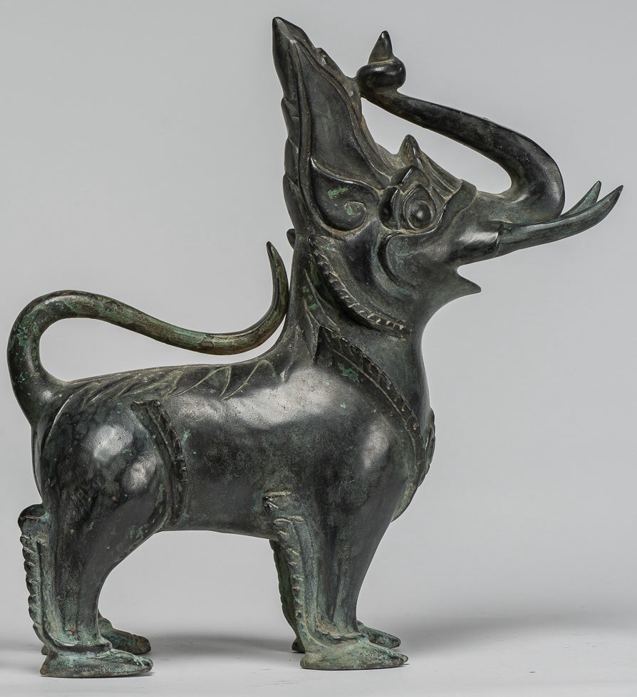 Antique Burmese Style Bronze Standing Chinthe Guardian Temple Lions - 29cm/12" (Pair)