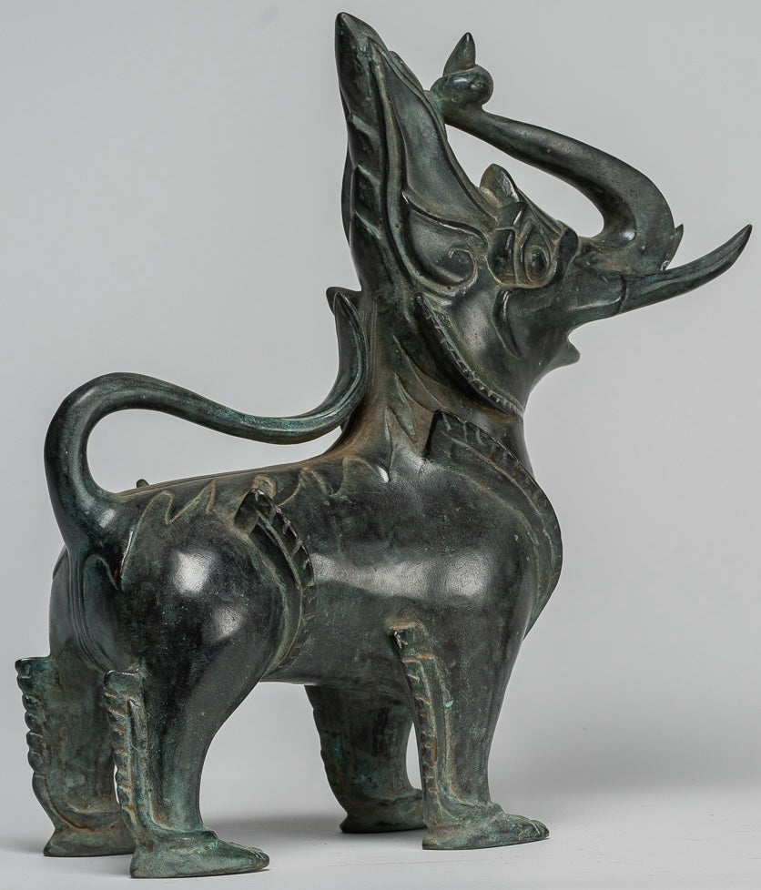 Antique Burmese Style Bronze Standing Chinthe Guardian Temple Lions - 29cm/12" (Pair)