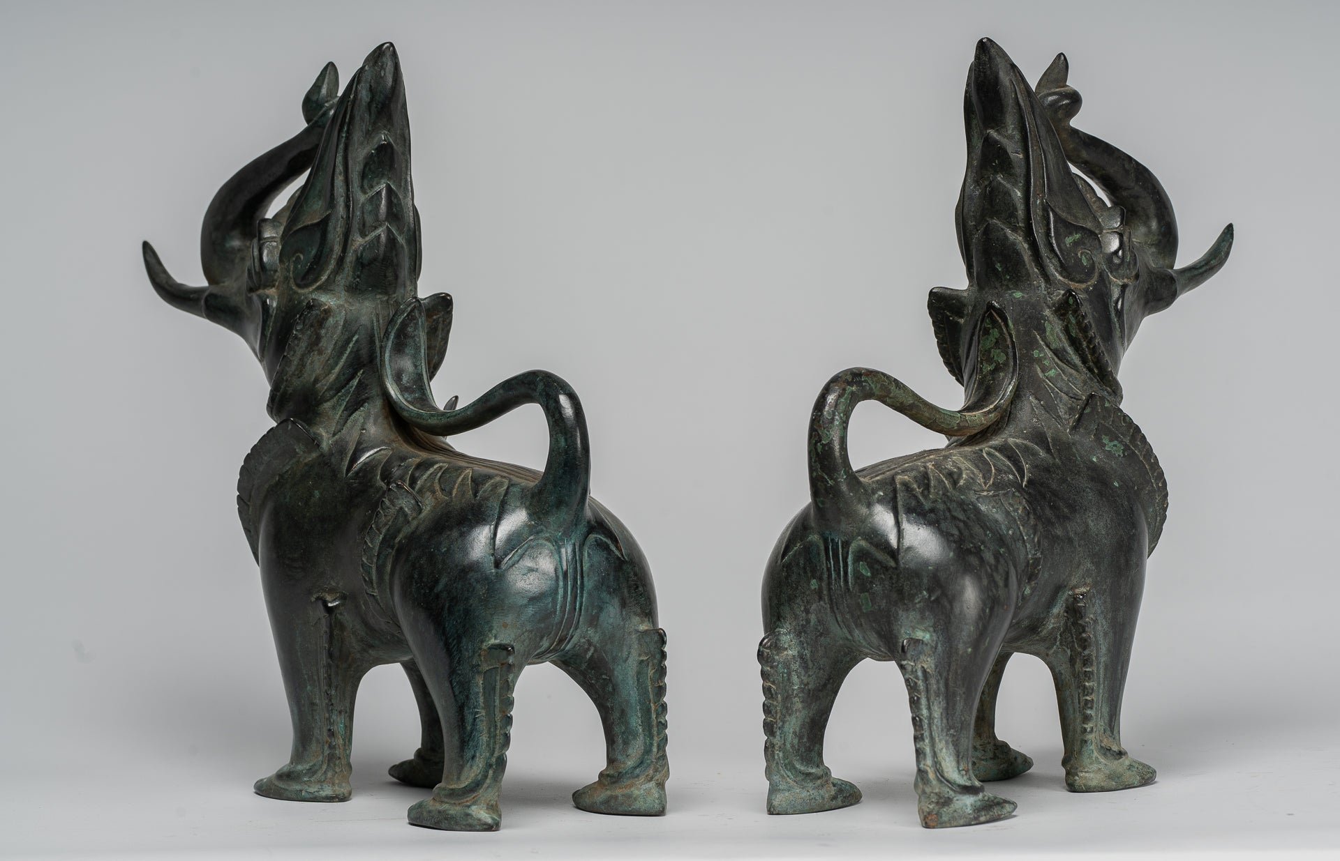 Antique Burmese Style Bronze Standing Chinthe Guardian Temple Lions - 29cm/12" (Pair)