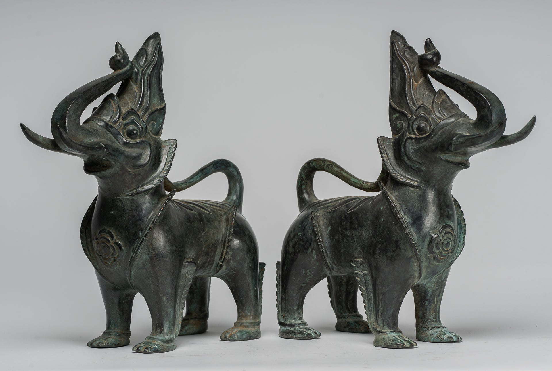 Antique Burmese Style Bronze Standing Chinthe Guardian Temple Lions - 29cm/12" (Pair)