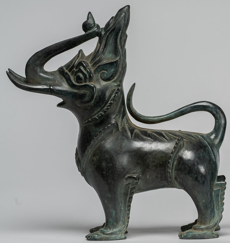 Antique Burmese Style Bronze Standing Chinthe Guardian Temple Lions - 29cm/12" (Pair)