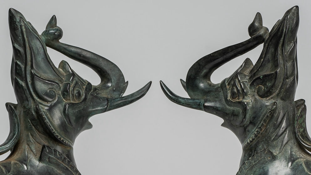 Antique Burmese Style Bronze Standing Chinthe Guardian Temple Lions - 29cm/12" (Pair)