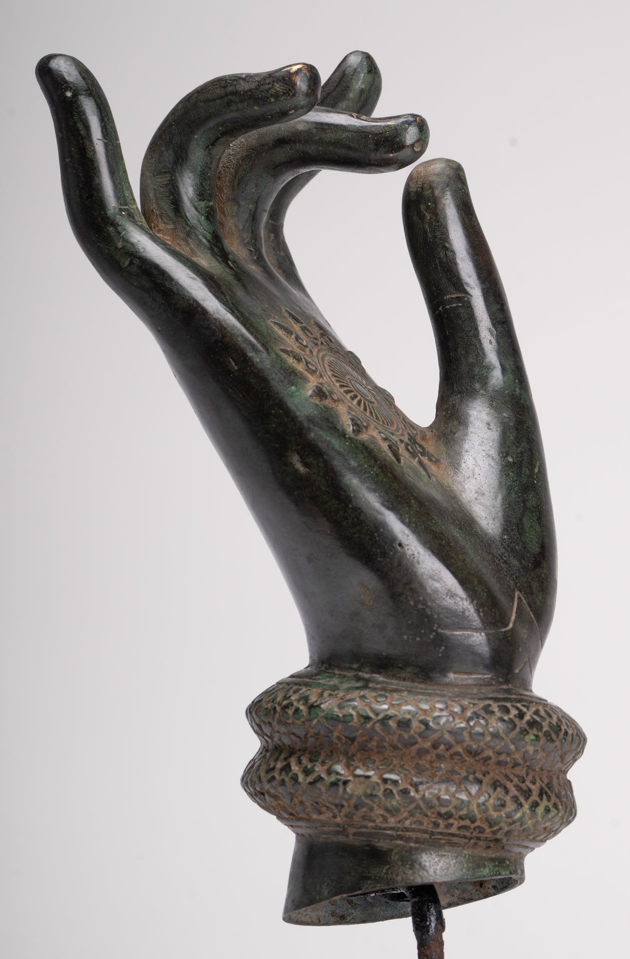 Mounted Antique Khmer Style Southeast Asia Bronze Teaching Hand - 29cm/12"