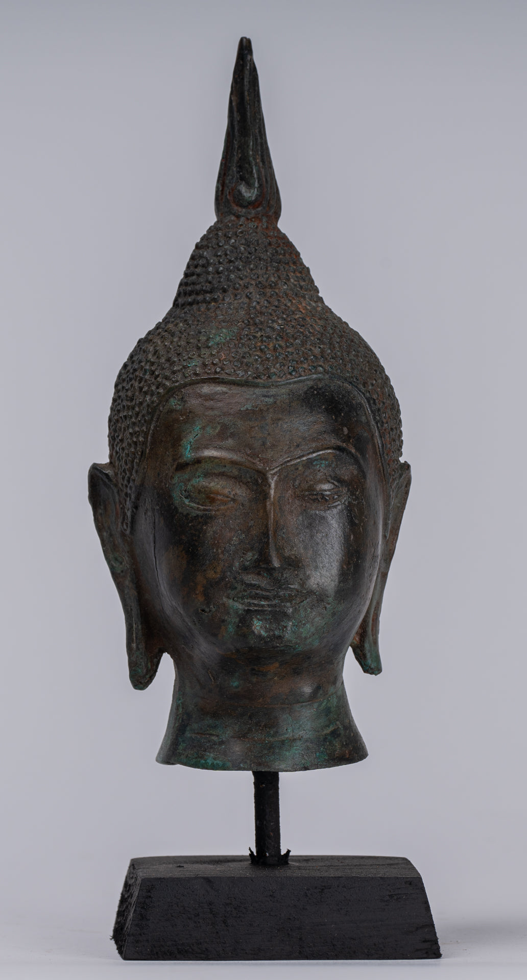 Buddha Head - Antique Thai Style Sukhothai Mounted Bronze Buddha Head - 22cm/9"