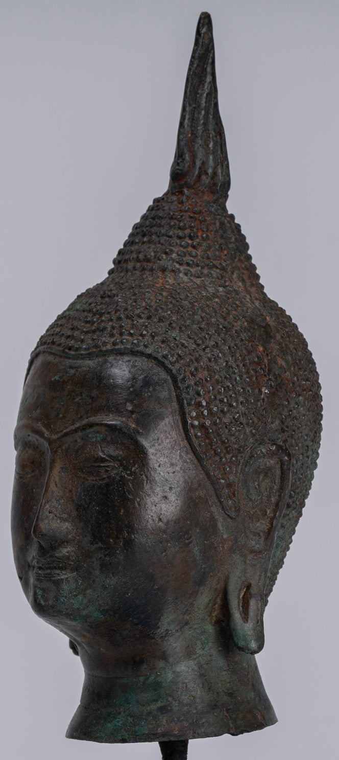 Buddha Head - Antique Thai Style Sukhothai Mounted Bronze Buddha Head - 22cm/9"