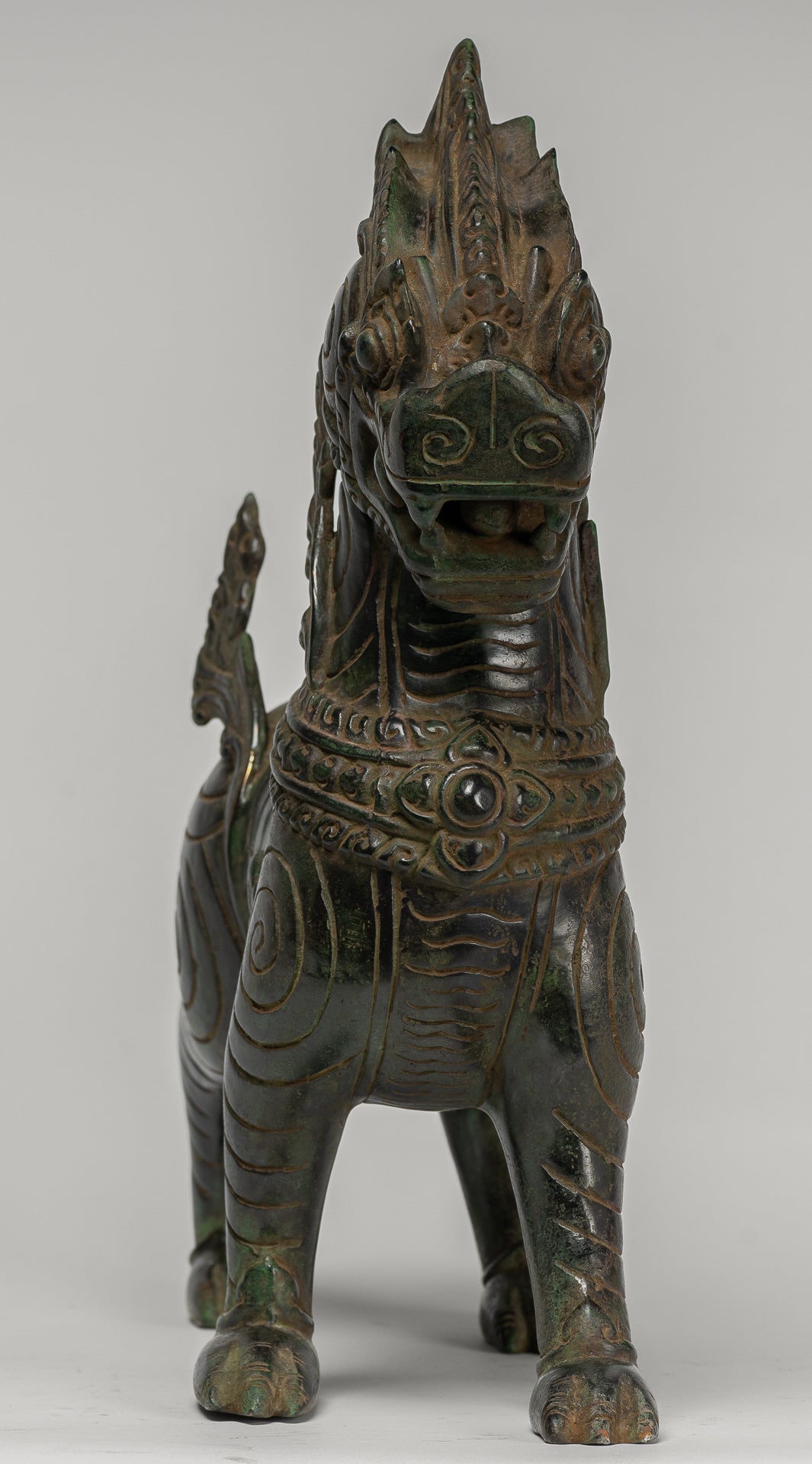 Antique Burmese Style Bronze Standing Chinthe Guardian Temple Lion - 34cm/14"