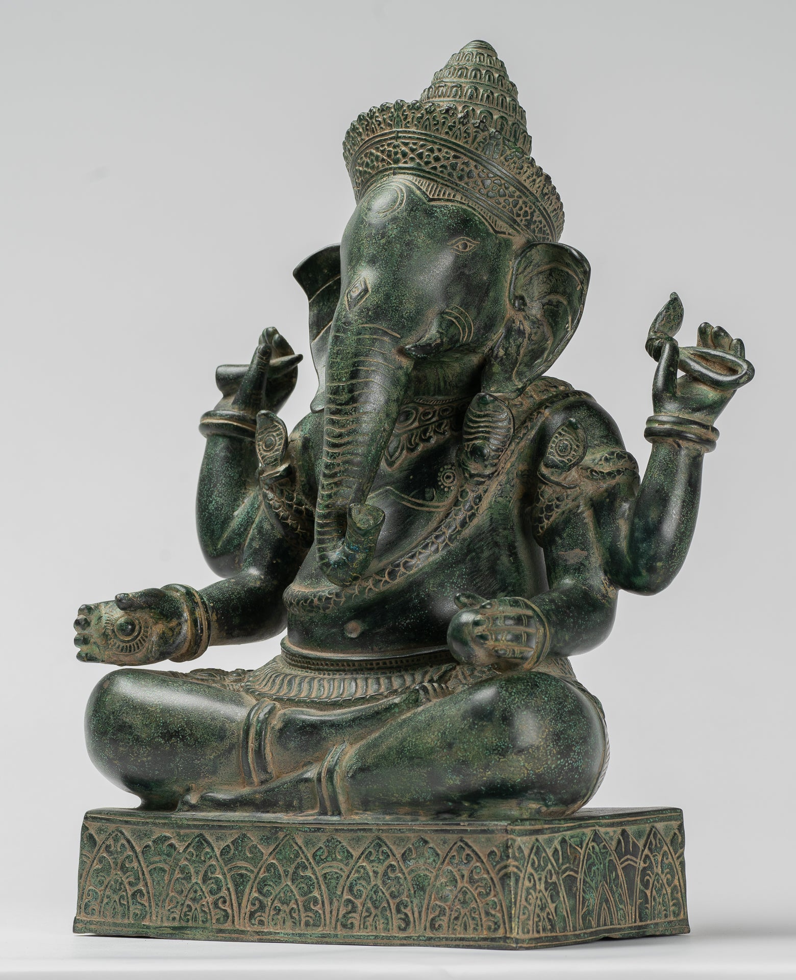 Ganesha Statue - Antique Khmer Style Angkor Wat Bronze Seated Four Arm Ganesh Statue - 40cm/16"