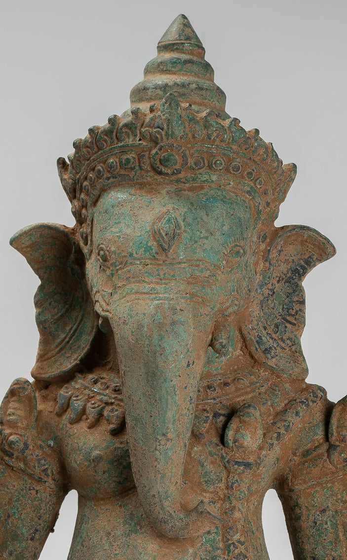 Ganesh Statue - Antique Khmer Style Bronze Mounted Verdigris Ganesha Statue - 39cm/16"