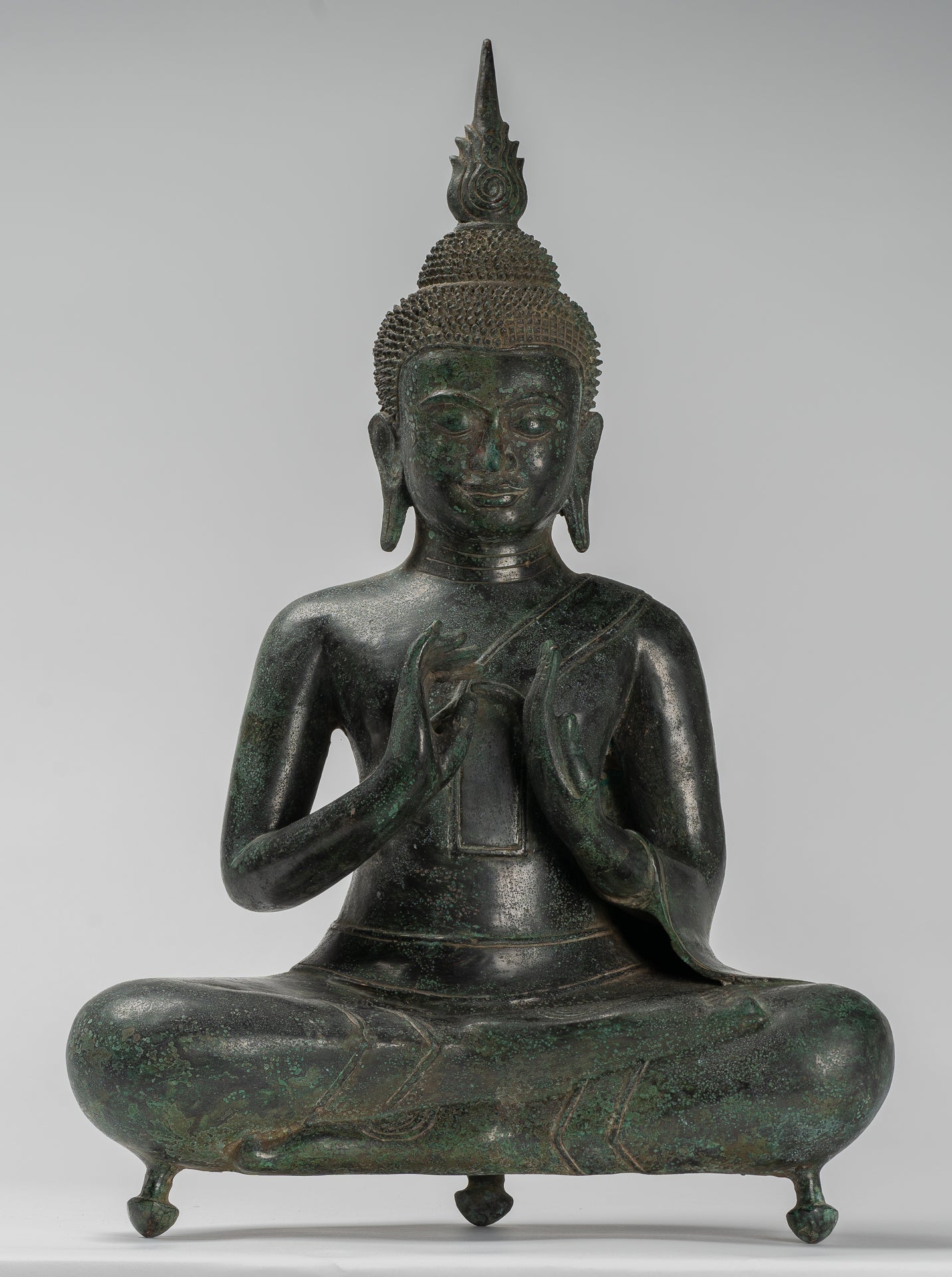 Buddha - Antique Khmer Style Bronze Seated Double Teaching Buddha Statue - 50cm/20"
