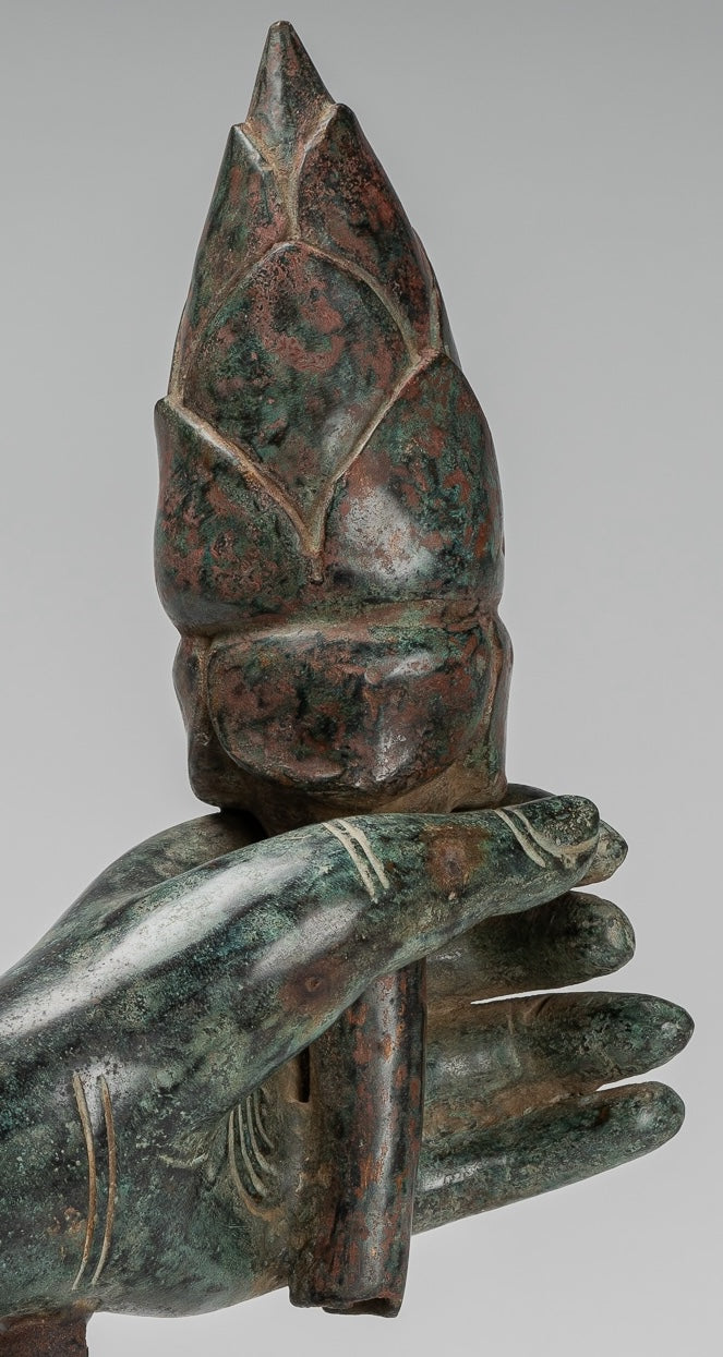Mounted Antique Khmer Style Bronze Hand & Lotus Bud - 43cm/17"