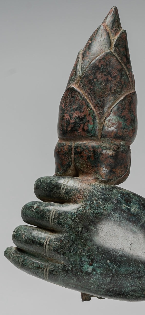 Mounted Antique Khmer Style Bronze Hand & Lotus Bud - 43cm/17"