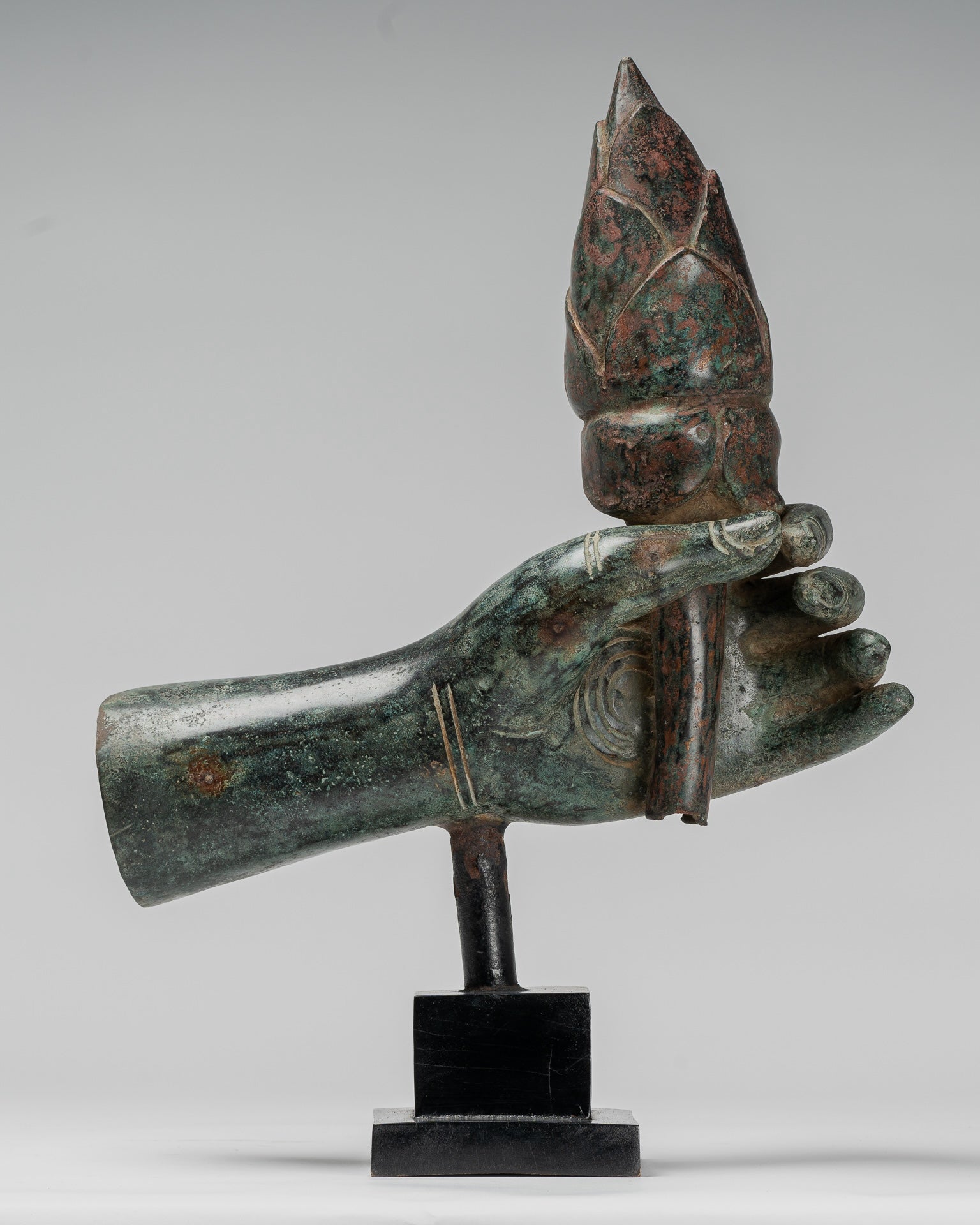 Mounted Antique Khmer Style Bronze Hand & Lotus Bud - 43cm/17"