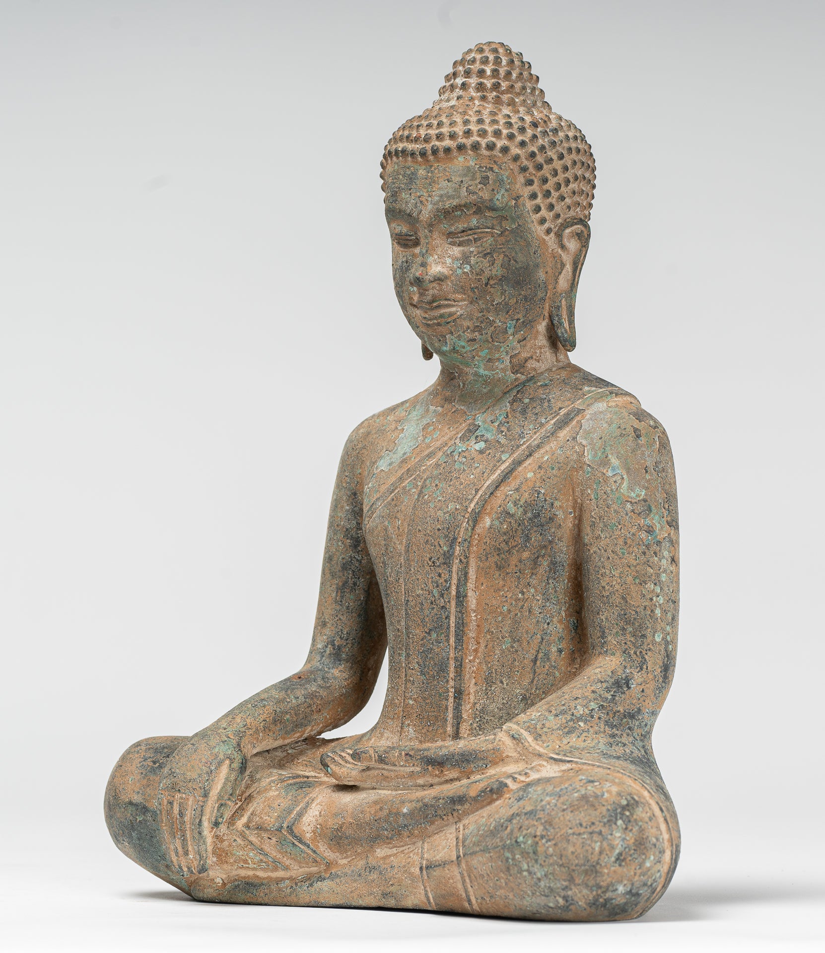 Buddha Statue - Antique Thai Style Bronze Seated Enlightenment Buddha Statue - 26cm/10"