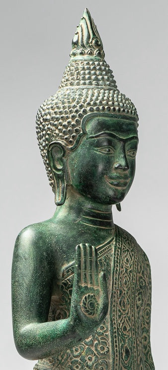 Buddha Statue - Antique Khmer Style Bronze Standing Abhaya Protection Buddha Statue - 65cm/26"