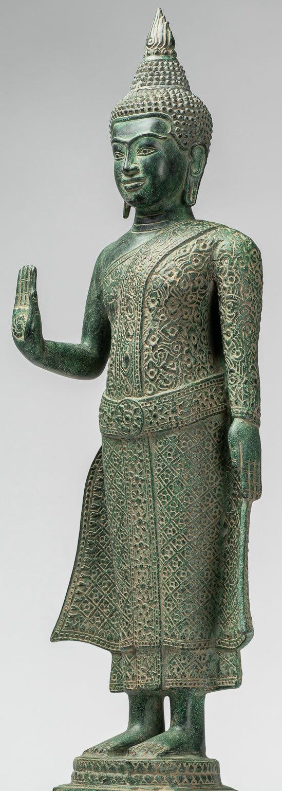 Buddha Statue - Antique Khmer Style Bronze Standing Abhaya Protection Buddha Statue - 65cm/26"