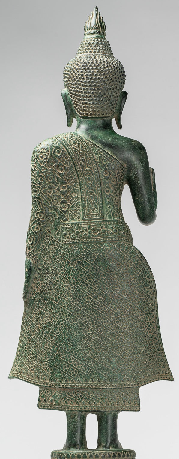 Buddha Statue - Antique Khmer Style Bronze Standing Abhaya Protection Buddha Statue - 65cm/26"