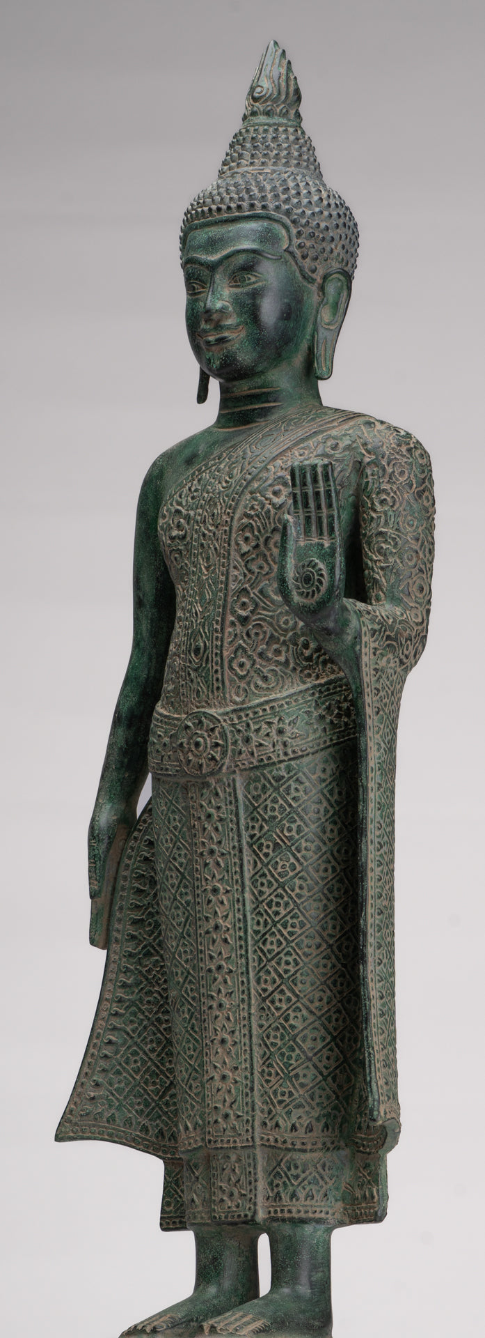 Buddha Statue - Antique Khmer Style Bronze Standing Abhaya Protection Buddha Statue - 64cm/26"