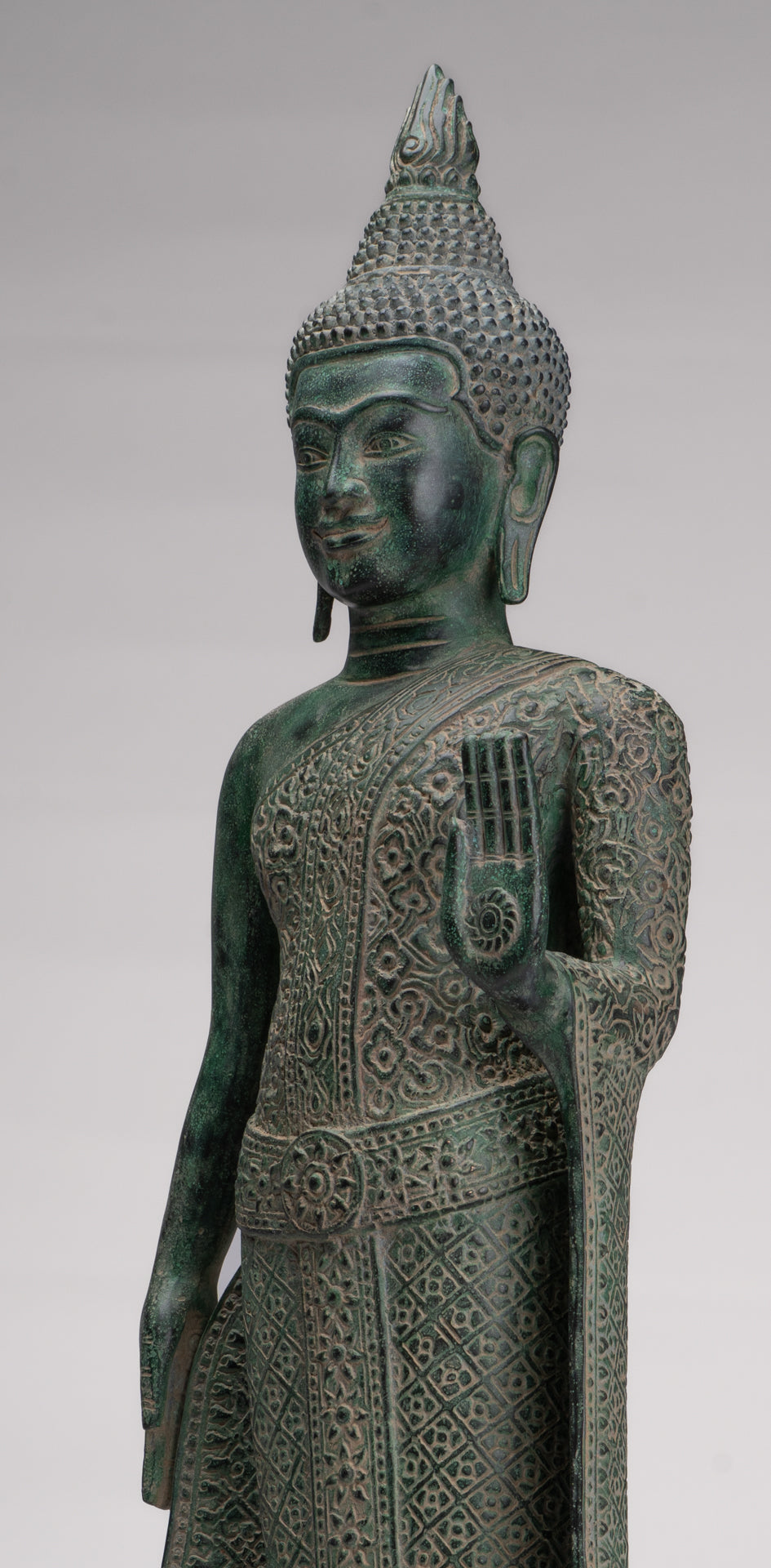 Buddha Statue - Antique Khmer Style Bronze Standing Abhaya Protection Buddha Statue - 64cm/26"