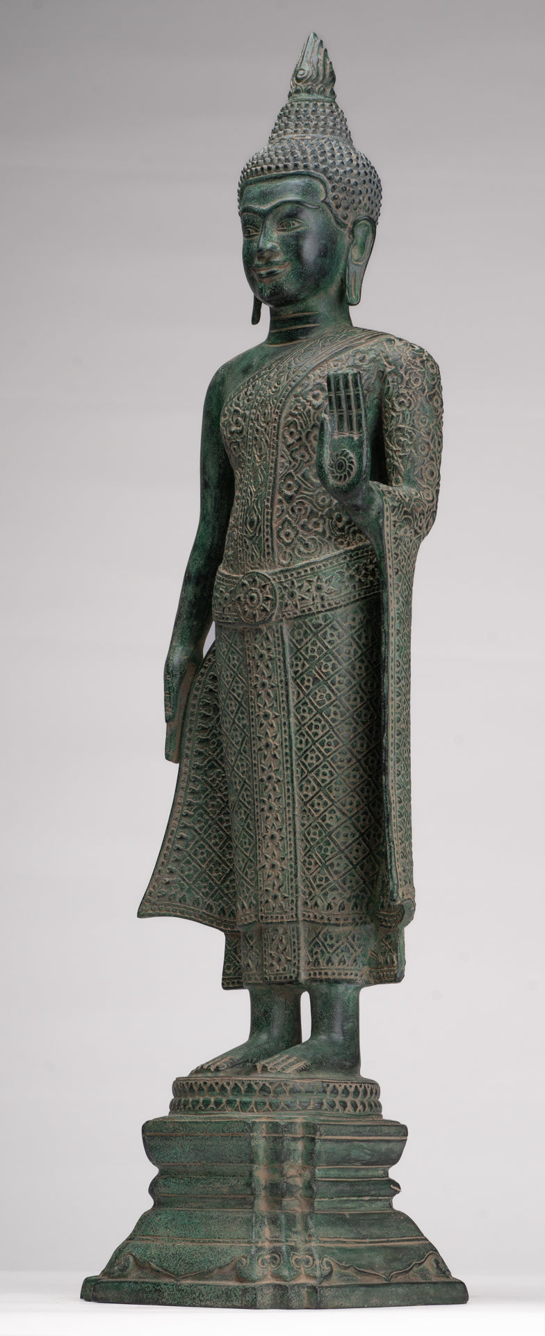 Buddha Statue - Antique Khmer Style Bronze Standing Abhaya Protection Buddha Statue - 64cm/26"