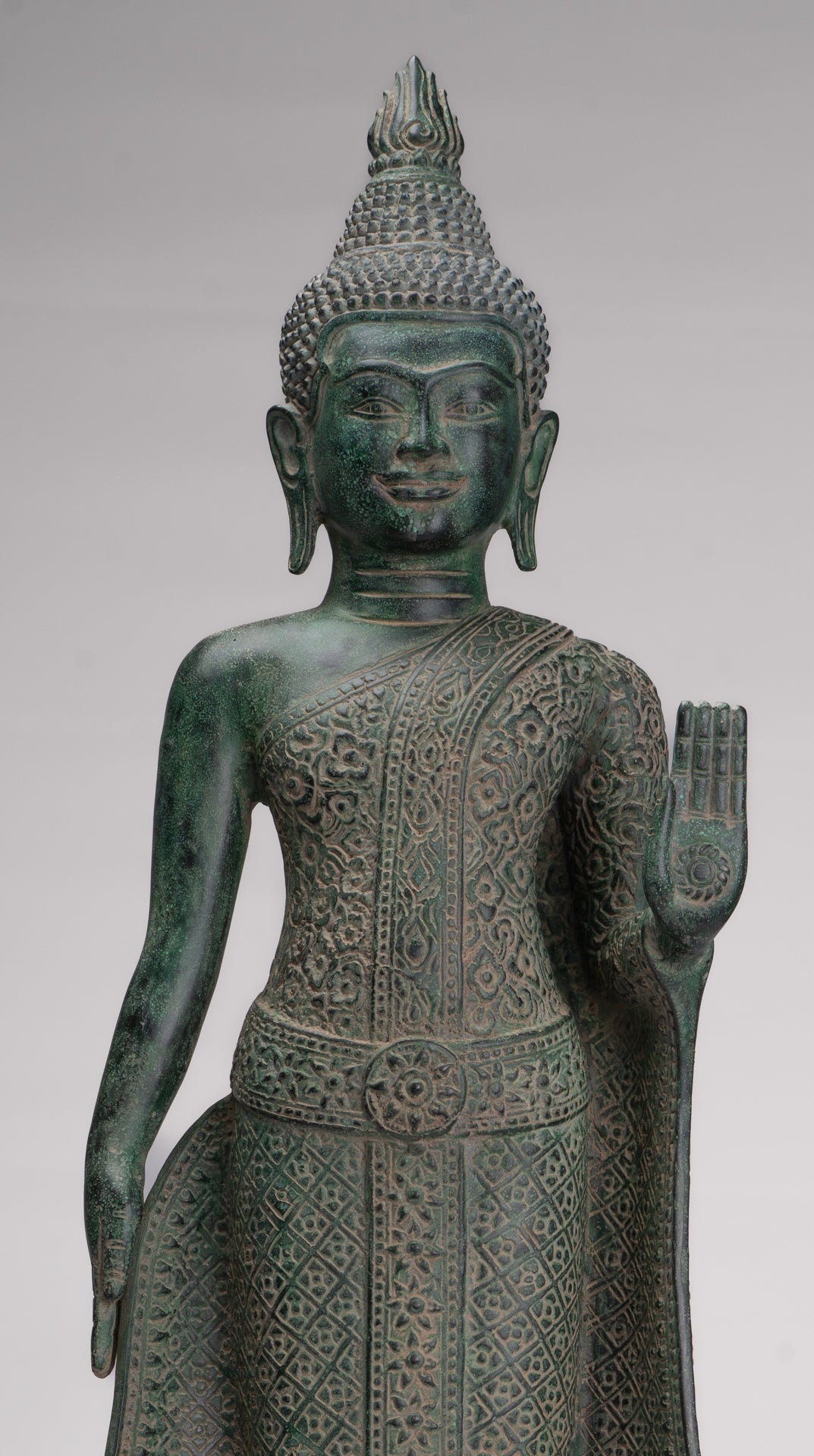 Buddha Statue - Antique Khmer Style Bronze Standing Abhaya Protection Buddha Statue - 64cm/26"