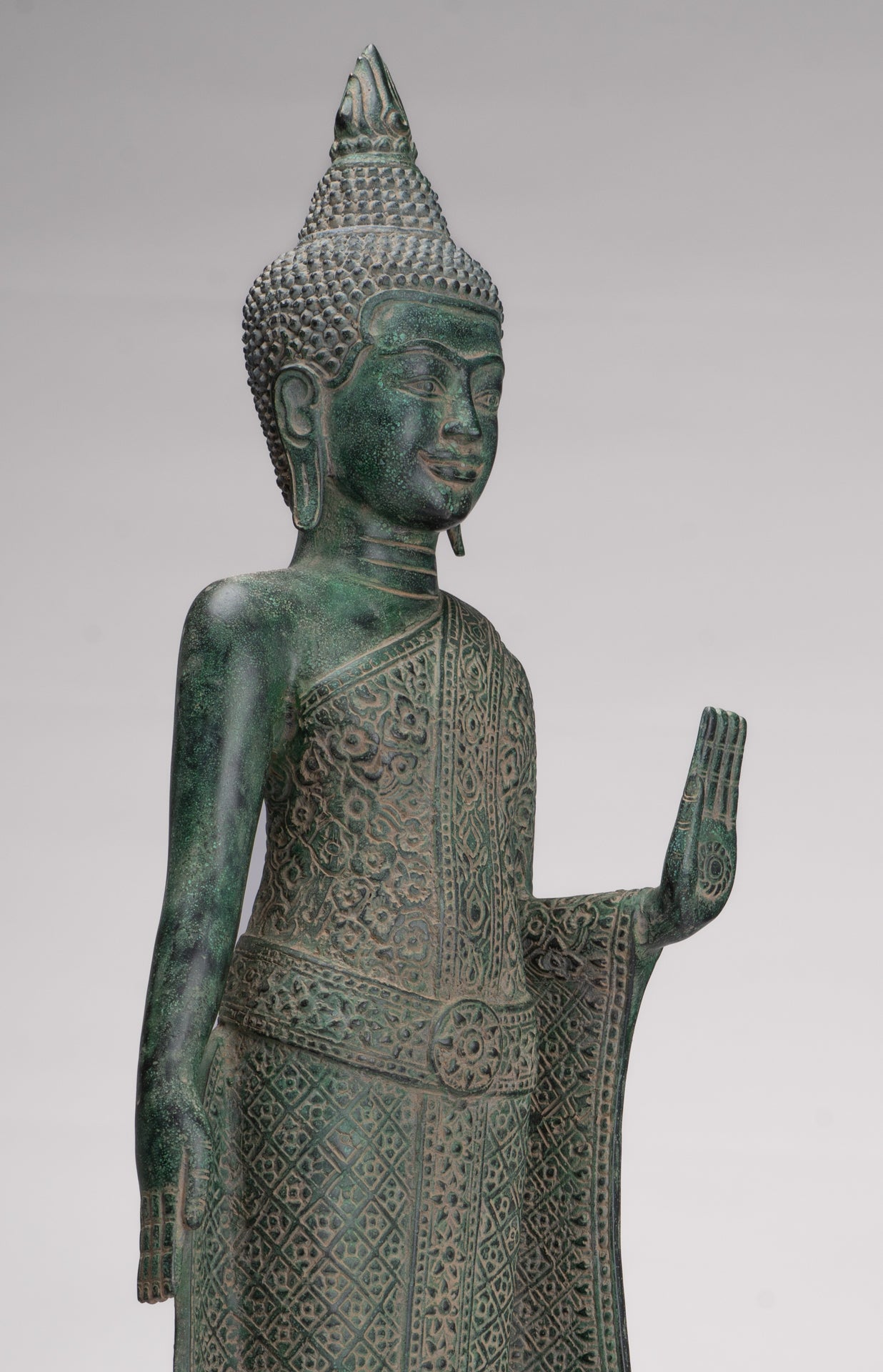 Buddha Statue - Antique Khmer Style Bronze Standing Abhaya Protection Buddha Statue - 64cm/26"