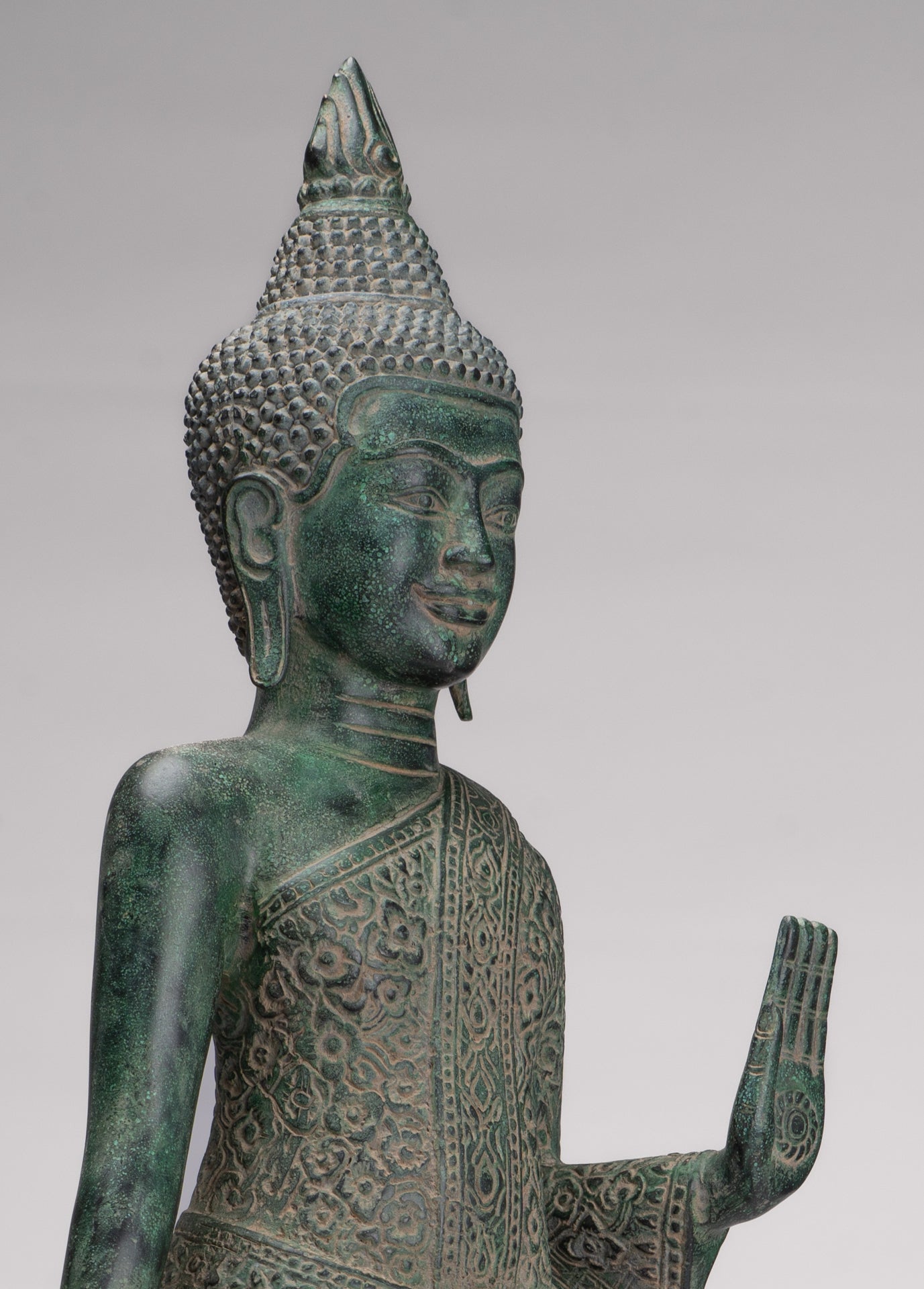 Buddha Statue - Antique Khmer Style Bronze Standing Abhaya Protection Buddha Statue - 64cm/26"